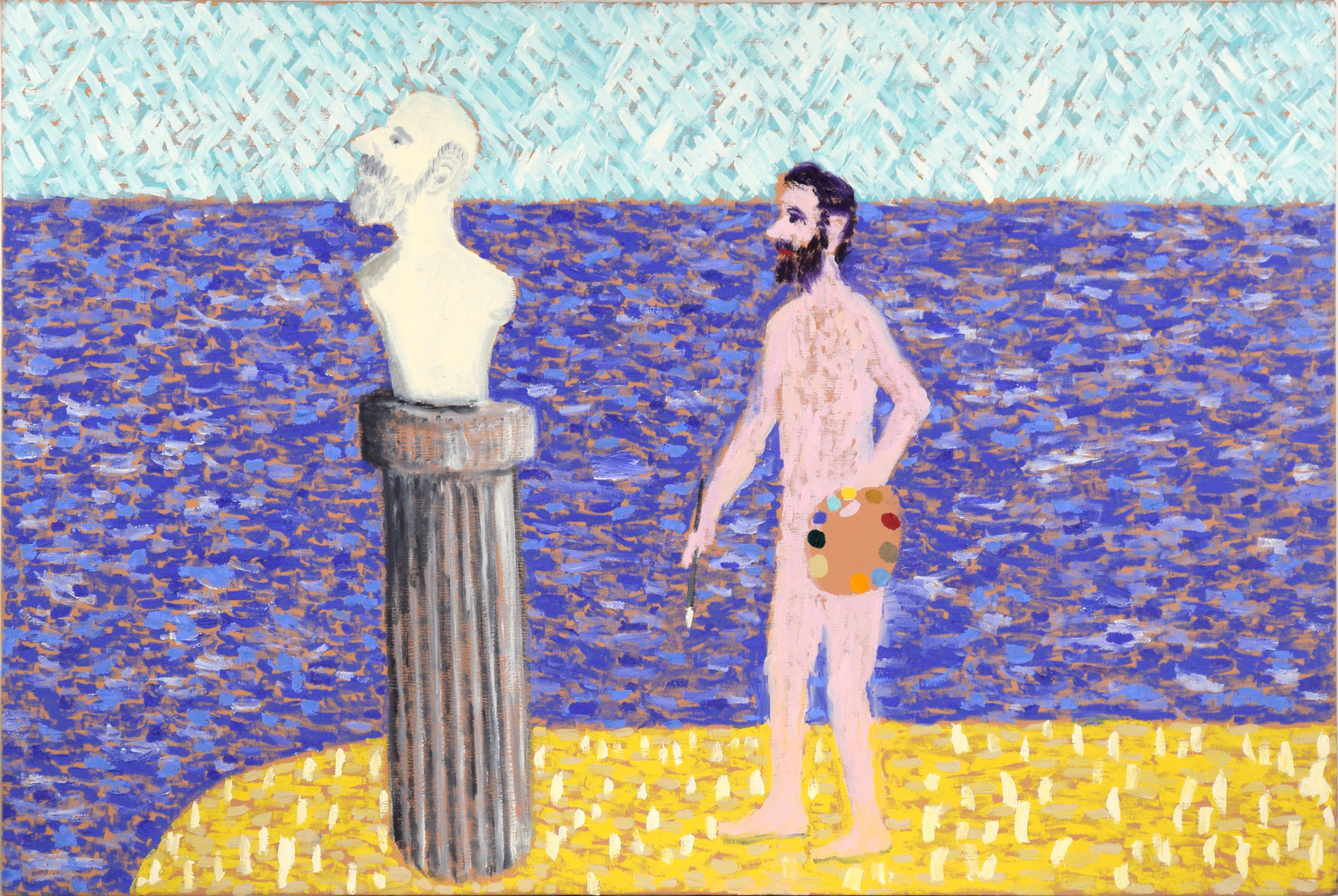 Figurative Painting de Michael Pauker  - "Sueño de artista III", Figurativo surrealista con autorretrato y escultura clásica