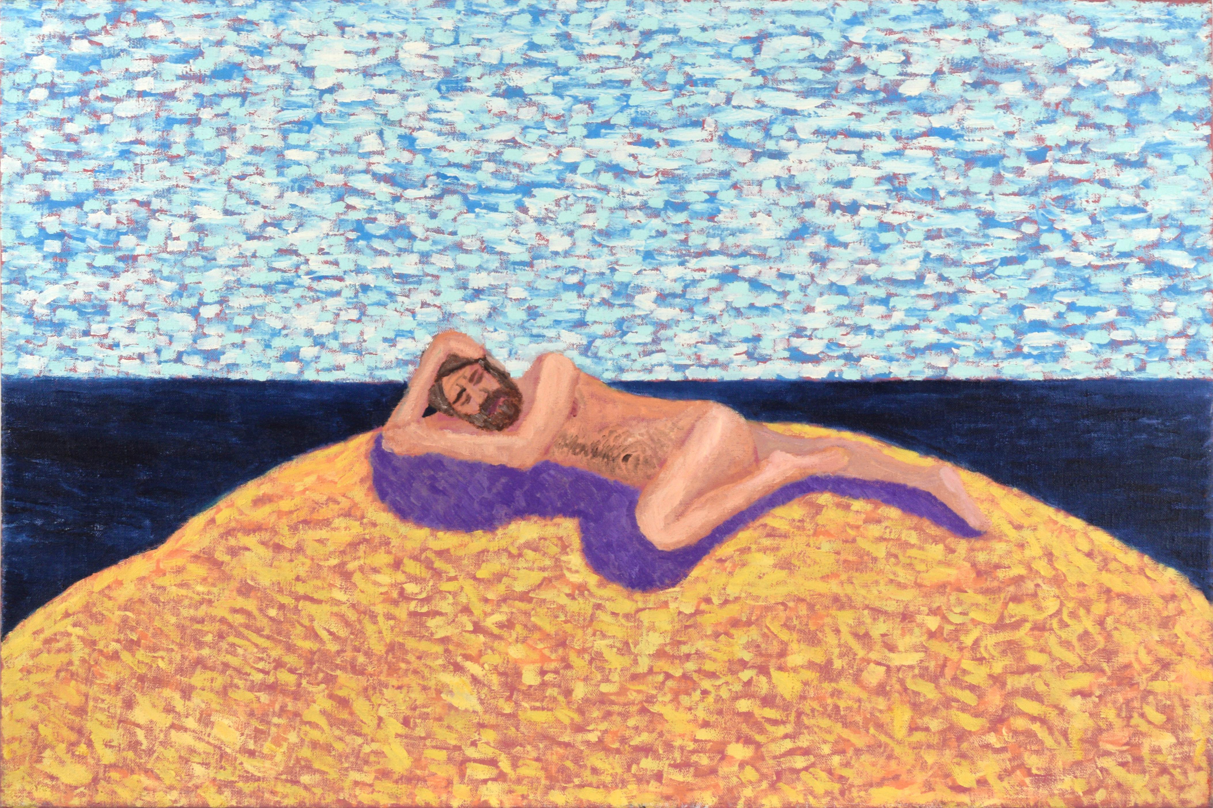 Michael Pauker  Landscape Painting – ""Artist's Dream IV"" Rechteckige Figur am Strand, zeitgenössisches surreales Selbstporträt