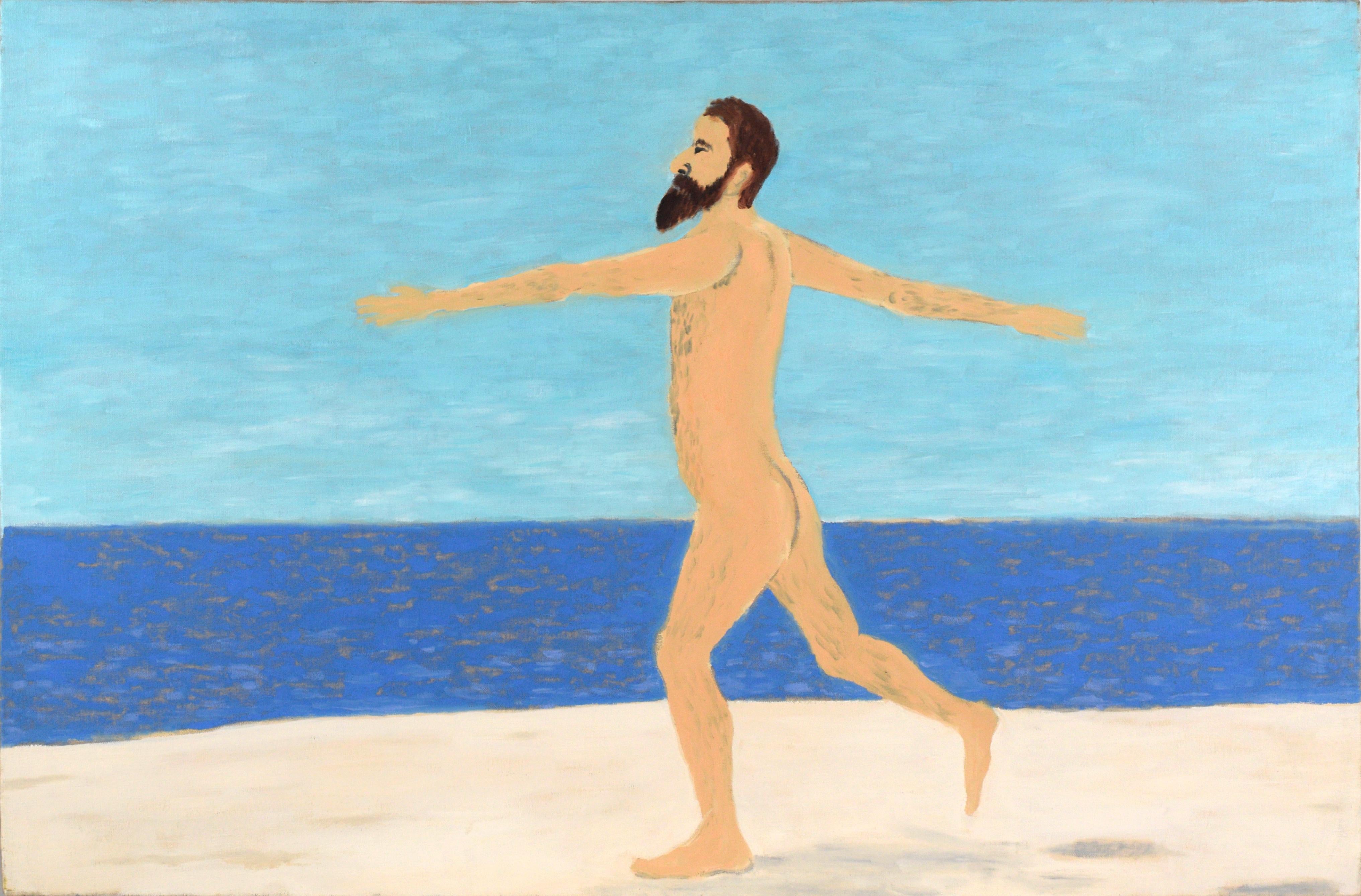 Michael Pauker  Figurative Painting - Artist's Dream VI - Frolicking on the Beach, Surreal Self-Portrait