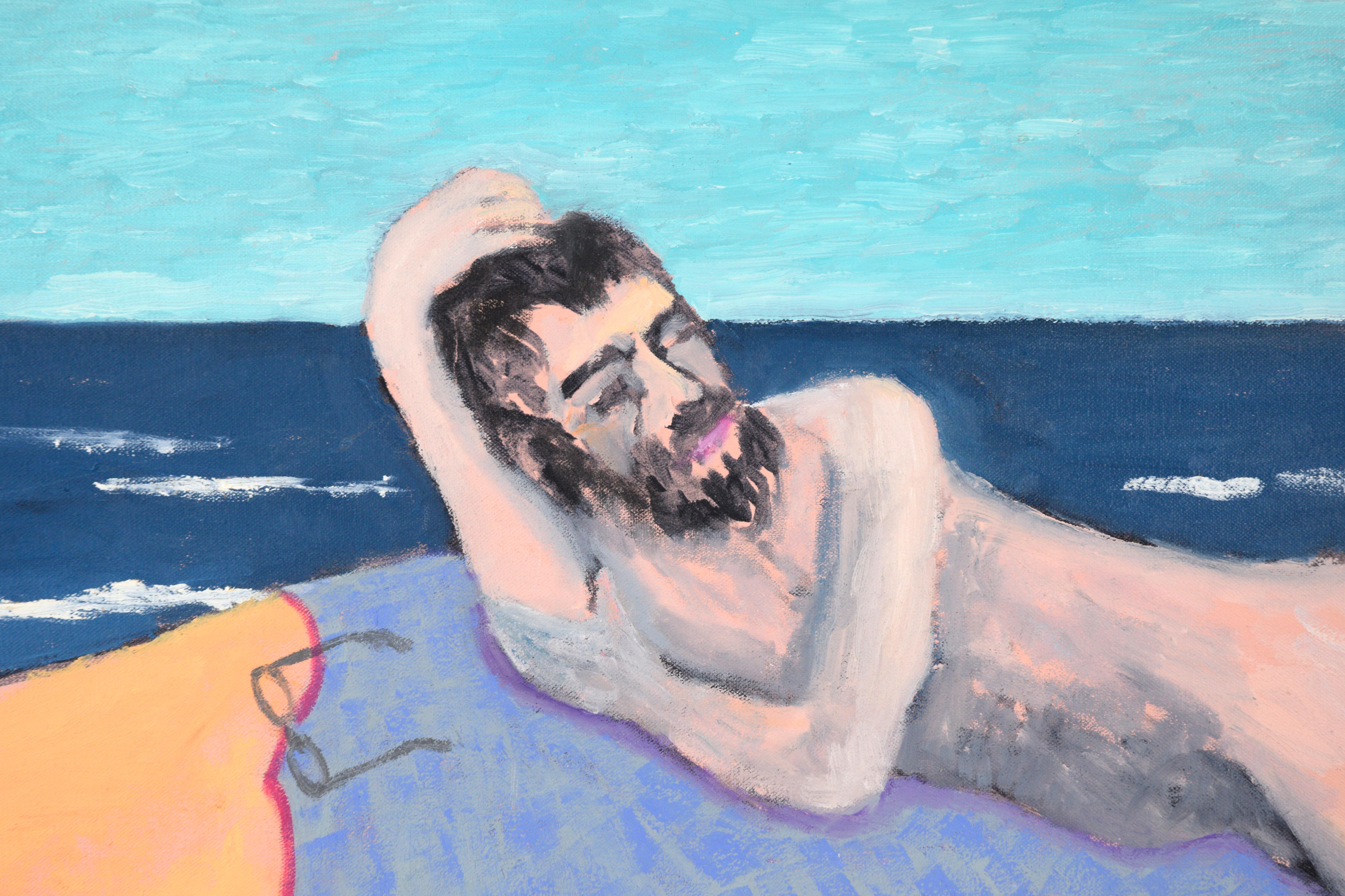 Sogno dell'artista VIII - Svegliarsi, autoritratto surreale contemporaneo sulla spiaggia - Painting Contemporaneo di Michael Pauker 