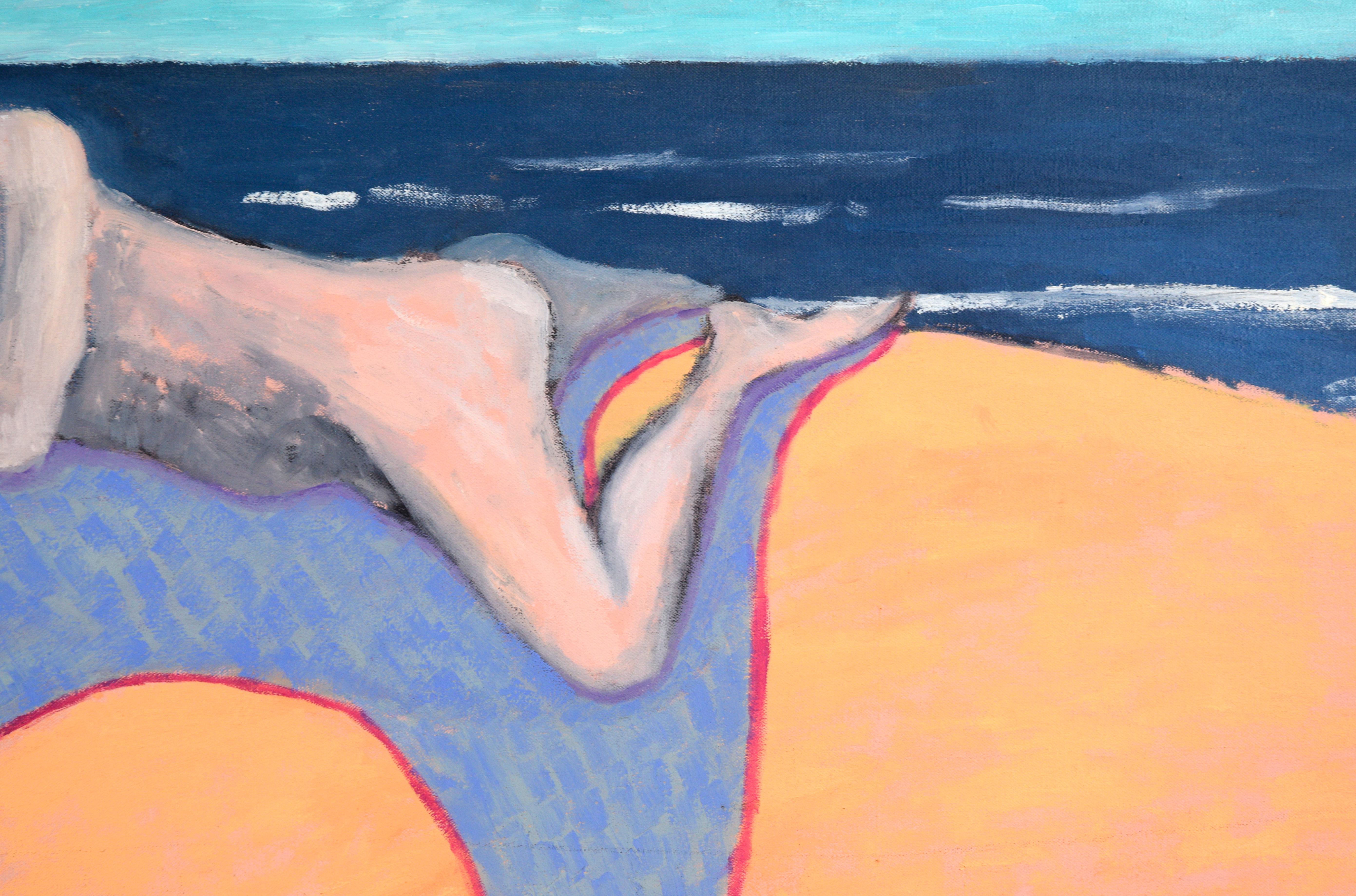 Sogno dell'artista VIII - Svegliarsi, autoritratto surreale contemporaneo sulla spiaggia - Landscape Painting Grigio di Michael Pauker 