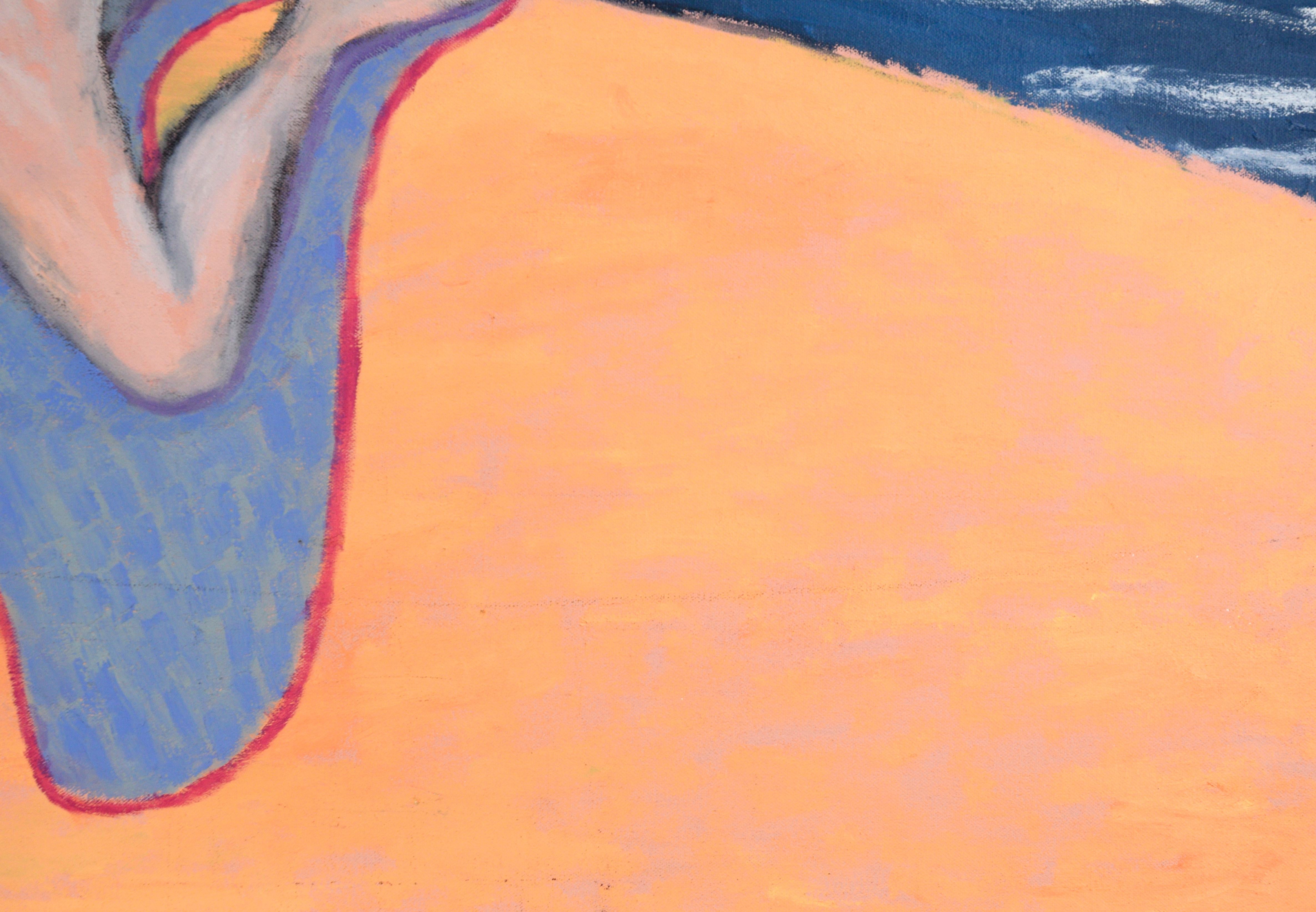 Paesaggio figurativo surreale contemporaneo con un autoritratto dell'artista realizzato dall'artista della Bay Area Michael Pauker (americano, nato nel 1957). La figura maschile nuda e sdraiata si risveglia su un cumulo di sabbia in una spiaggia