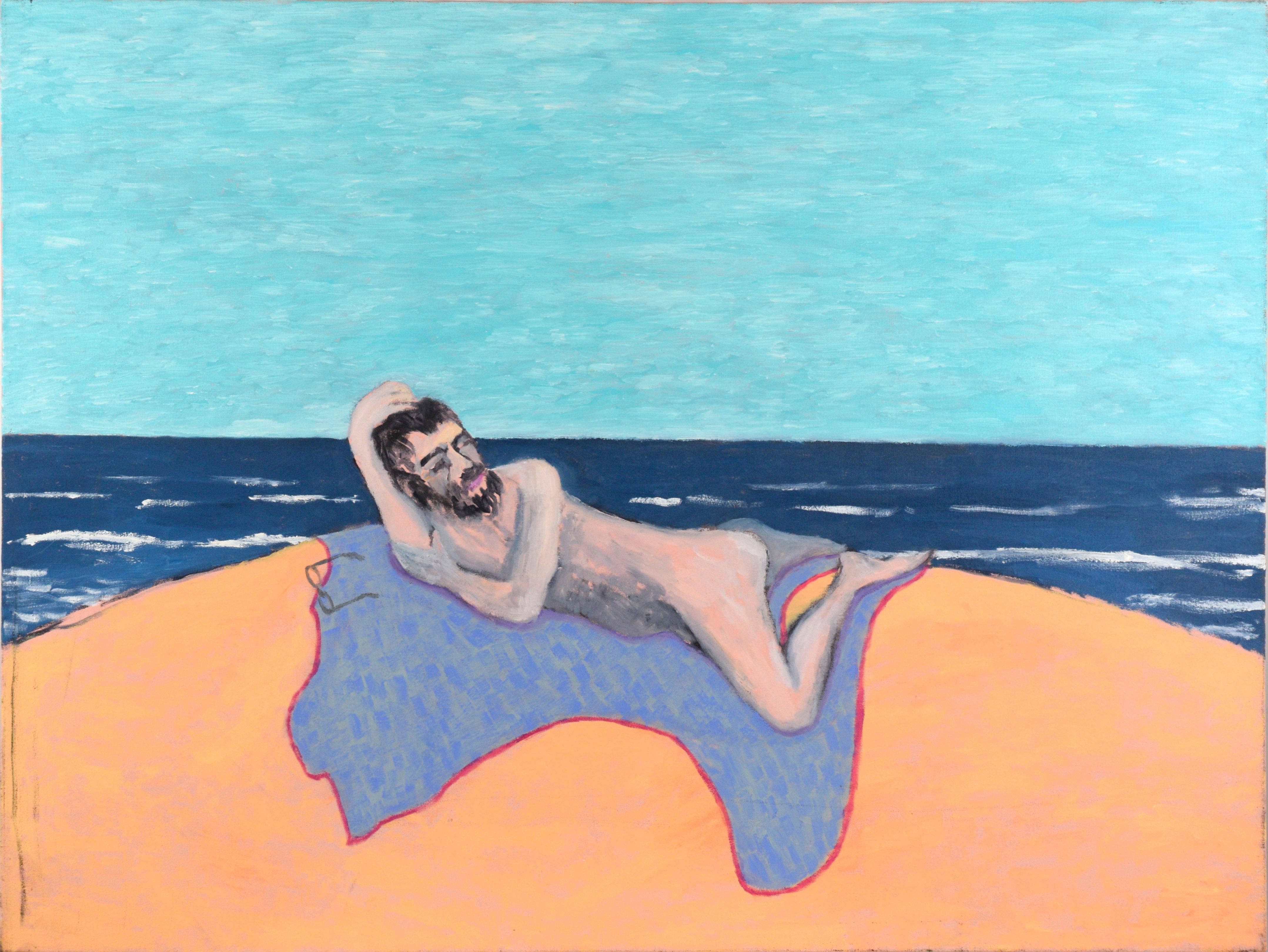 Michael Pauker  Landscape Painting - Artist's Dream VIII - Waking Up, Contemporary Surreal Self-Portrait on Beach