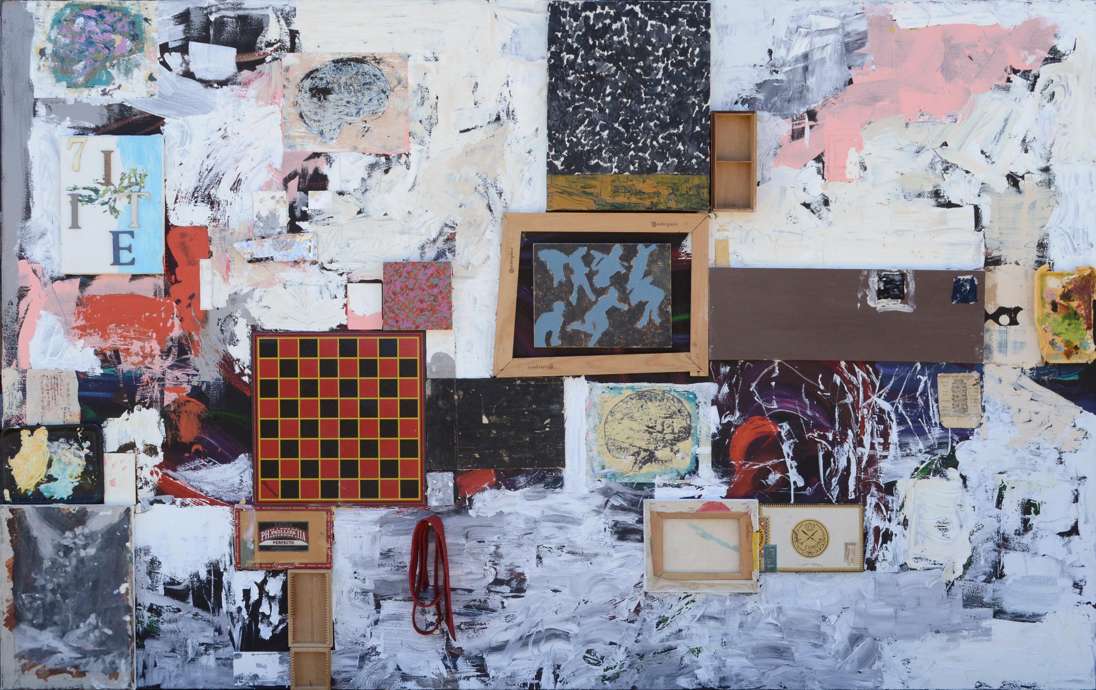 Assemblage avec damier sur toile - Mixed Media Art de Michael Pauker 