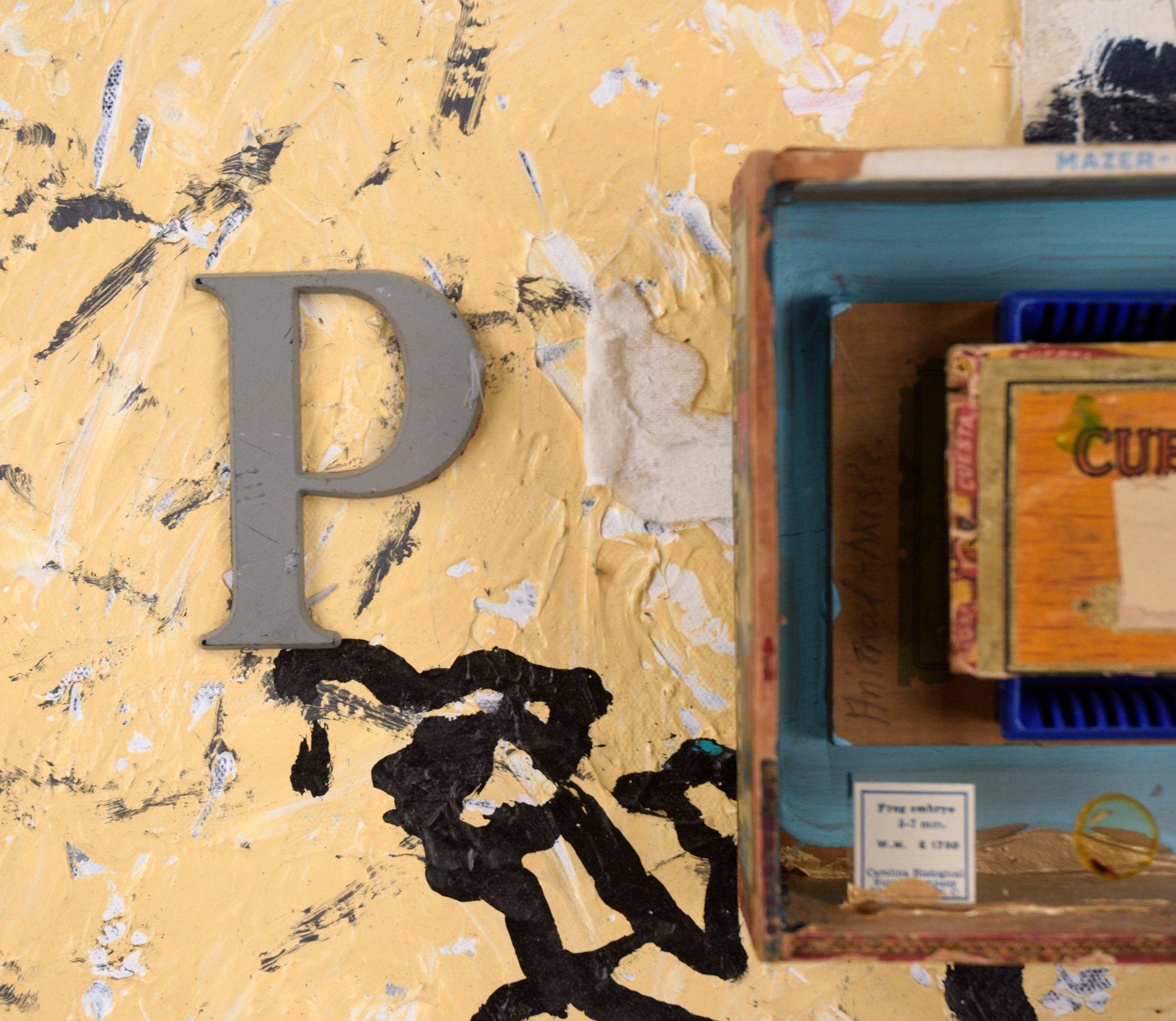 Assemblage with Cigar Box and the Letter P - Beige Abstract Sculpture by Michael Pauker 
