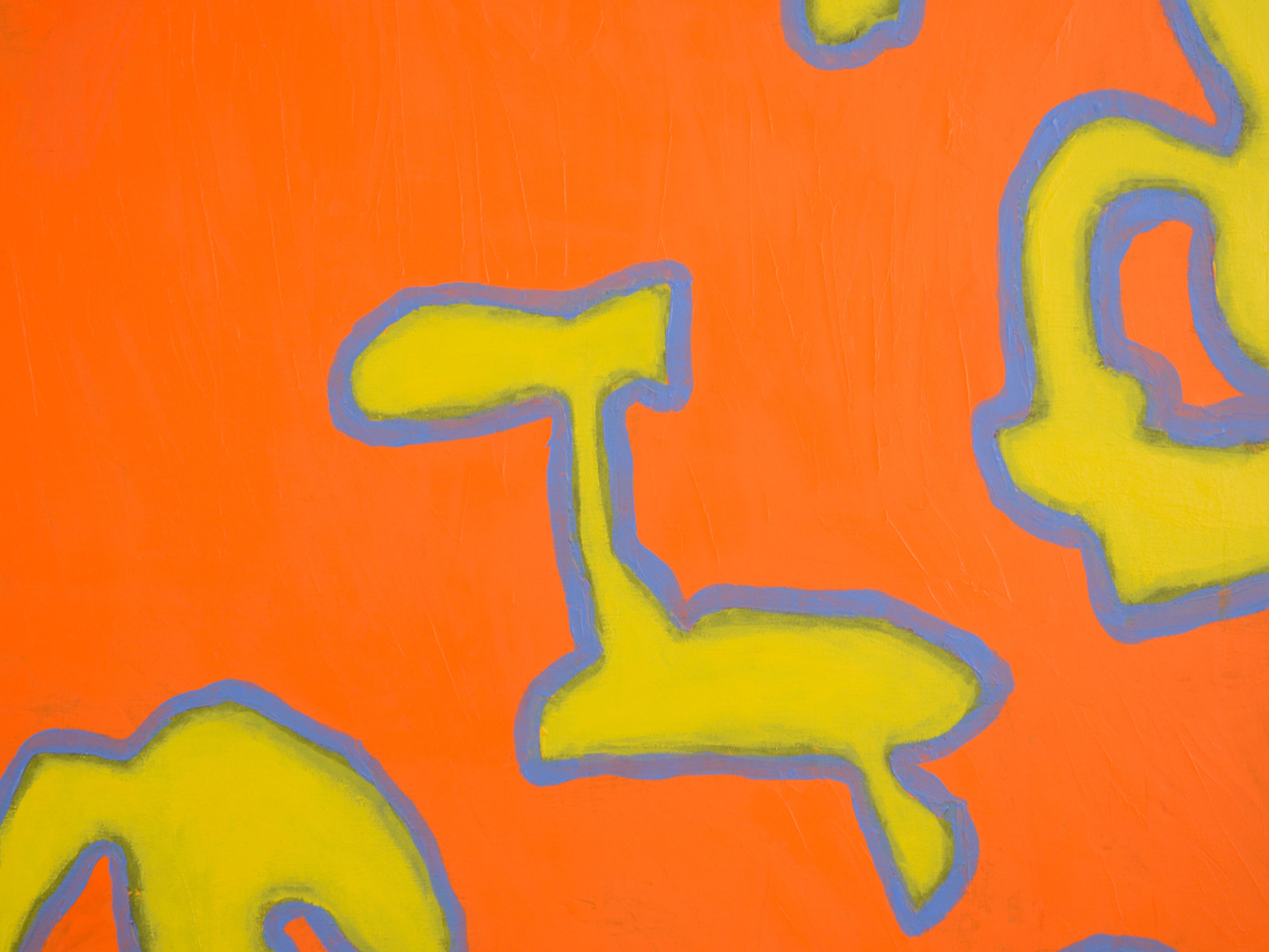 Large-scale abstract in orange of bold shapes by Bay Area artist Michael Pauker (American, b.1957). Unsigned, but was acquired with a collection of his work. Unframed. Image size: 60