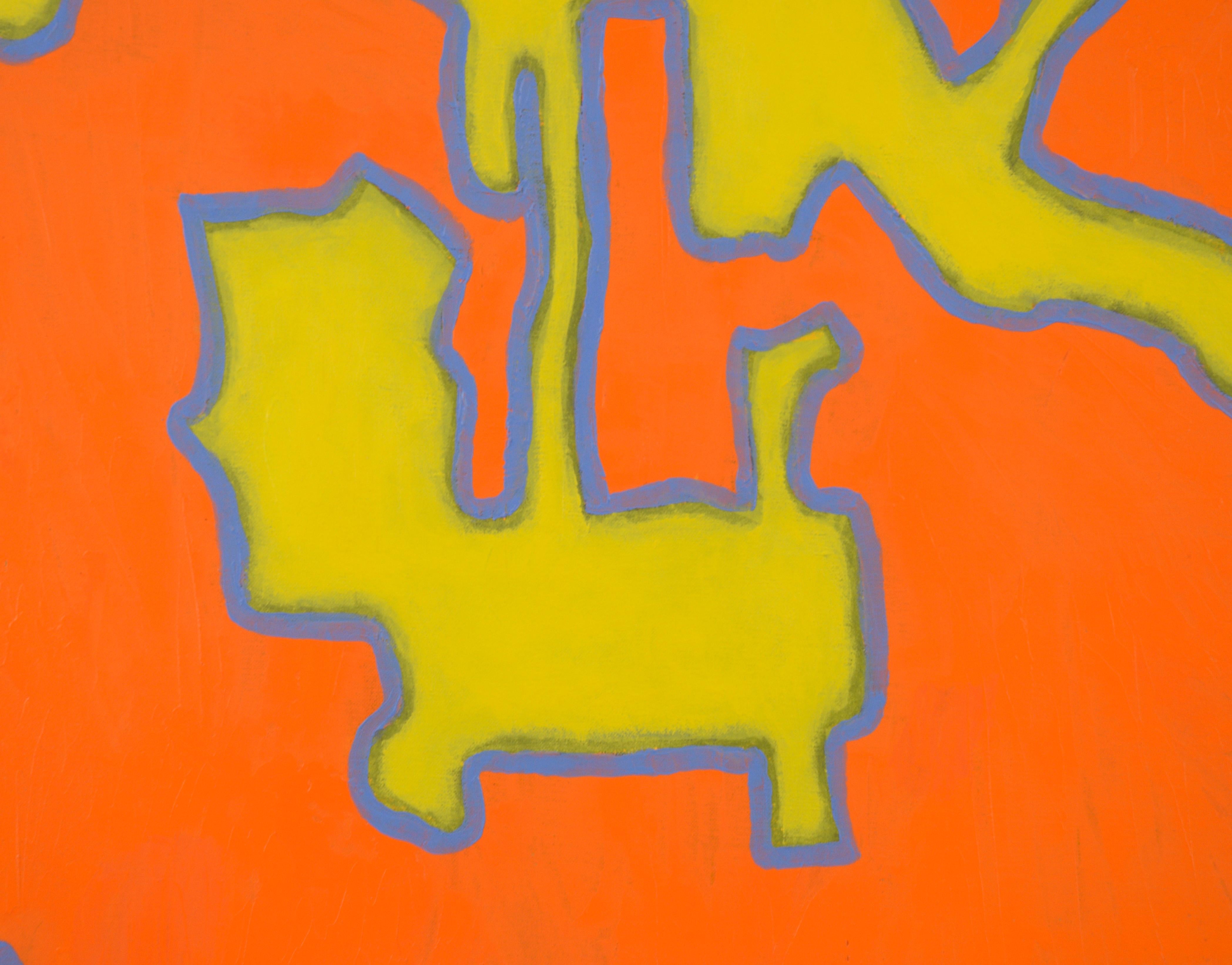Astratto di grandi dimensioni in arancione con forme audaci dell'artista della Bay Area Michael Pauker (americano, nato nel 1957). Non firmato, ma è stato acquistato insieme a una collezione di sue opere. Senza cornice. Dimensioni dell'immagine: 60