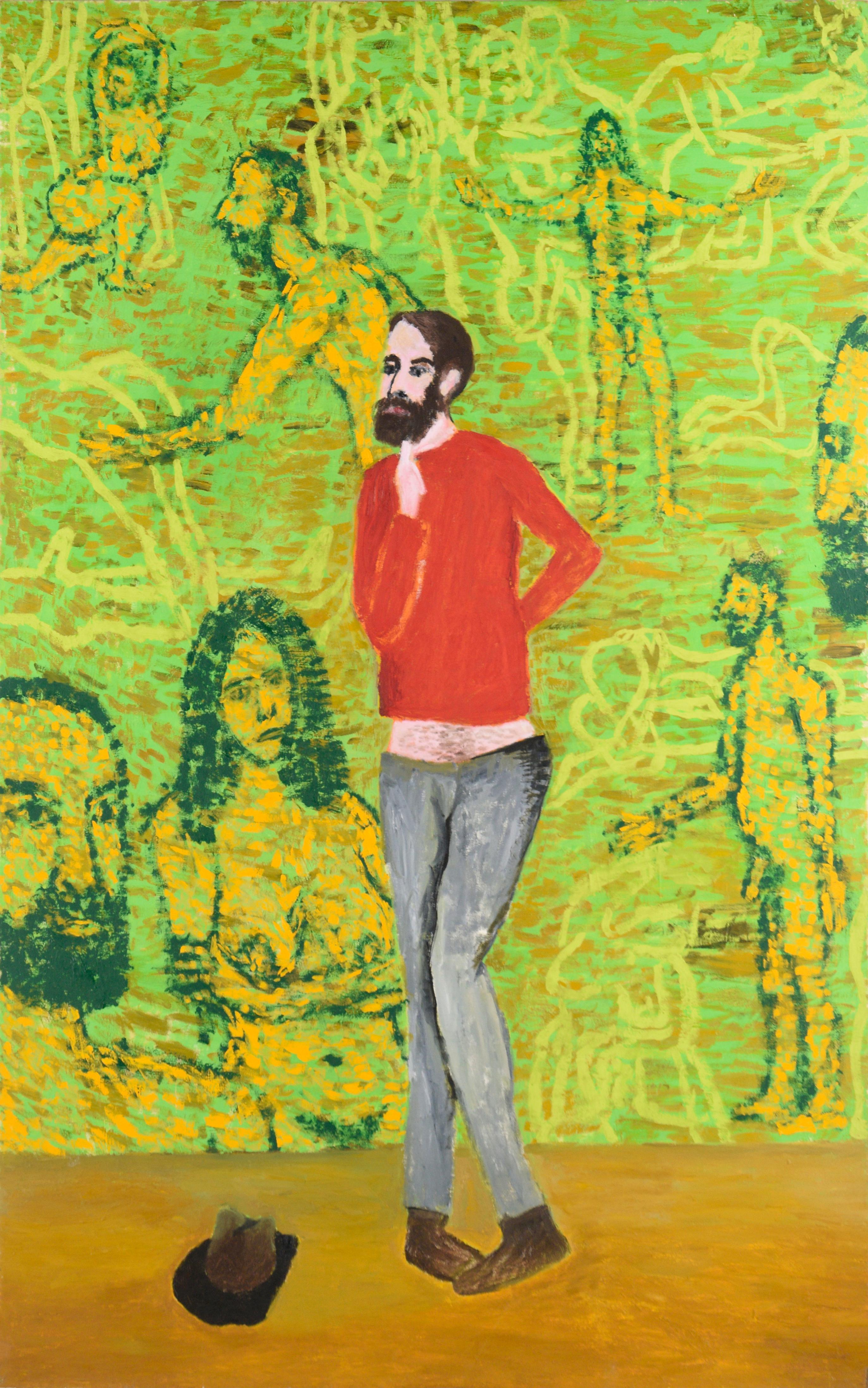 Michael Pauker  Figurative Painting - Contemporary Surreal Figurative Self Portrait with Neon Green 