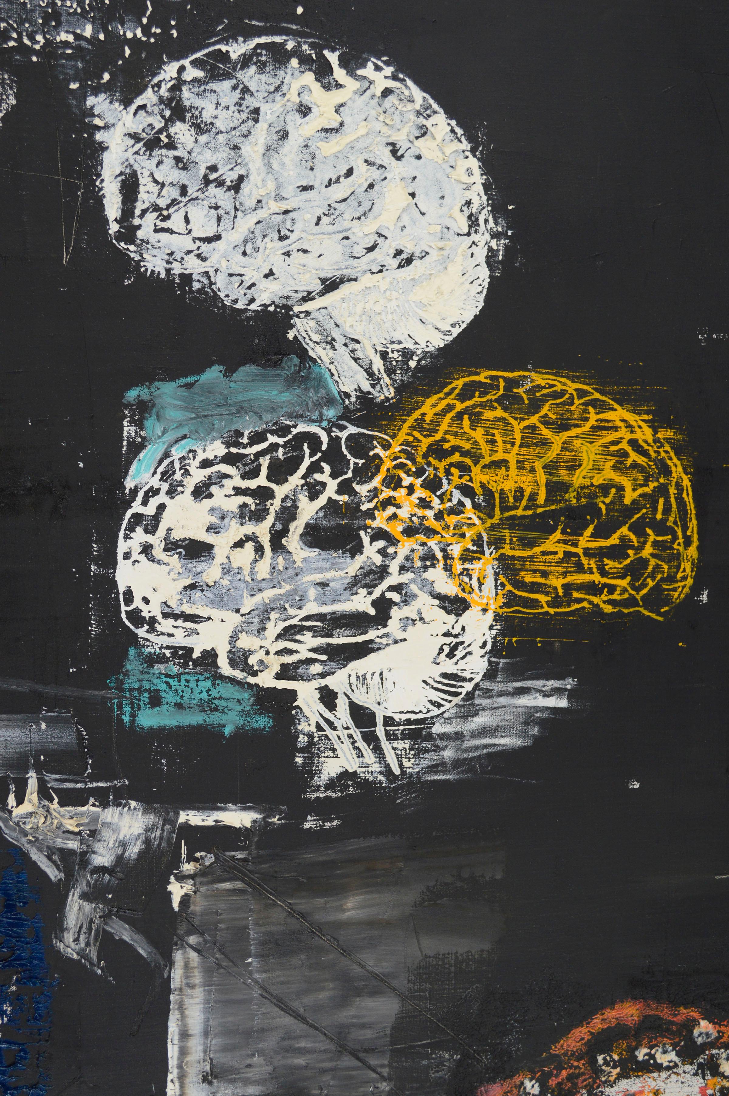 Contemporary large-scale abstract with multi-colored brains layered on a textured black background by Bay Area artist Michael Pauker (American, b.1957). Unsigned, but was acquired with a collection of his work. Unframed. Image size: 70.5