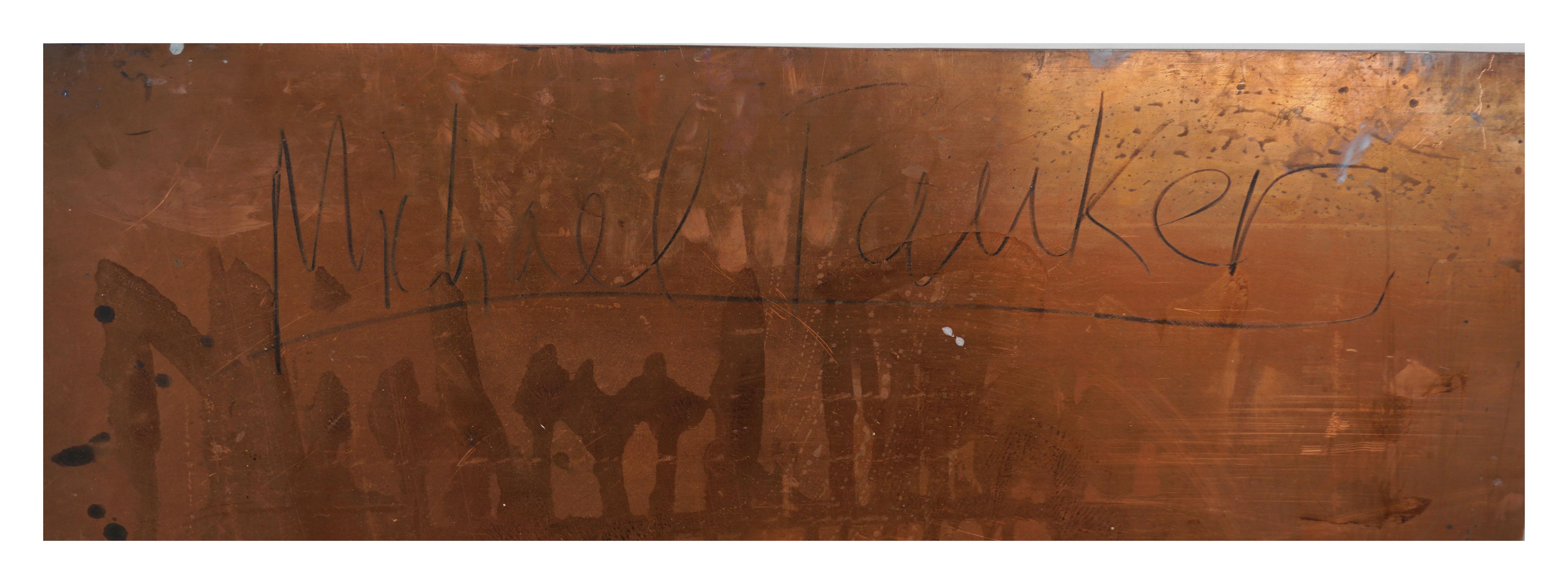 Tableau de calligraphie Web abstrait sur cuivre de récupération - Noir Abstract Painting par Michael Pauker 