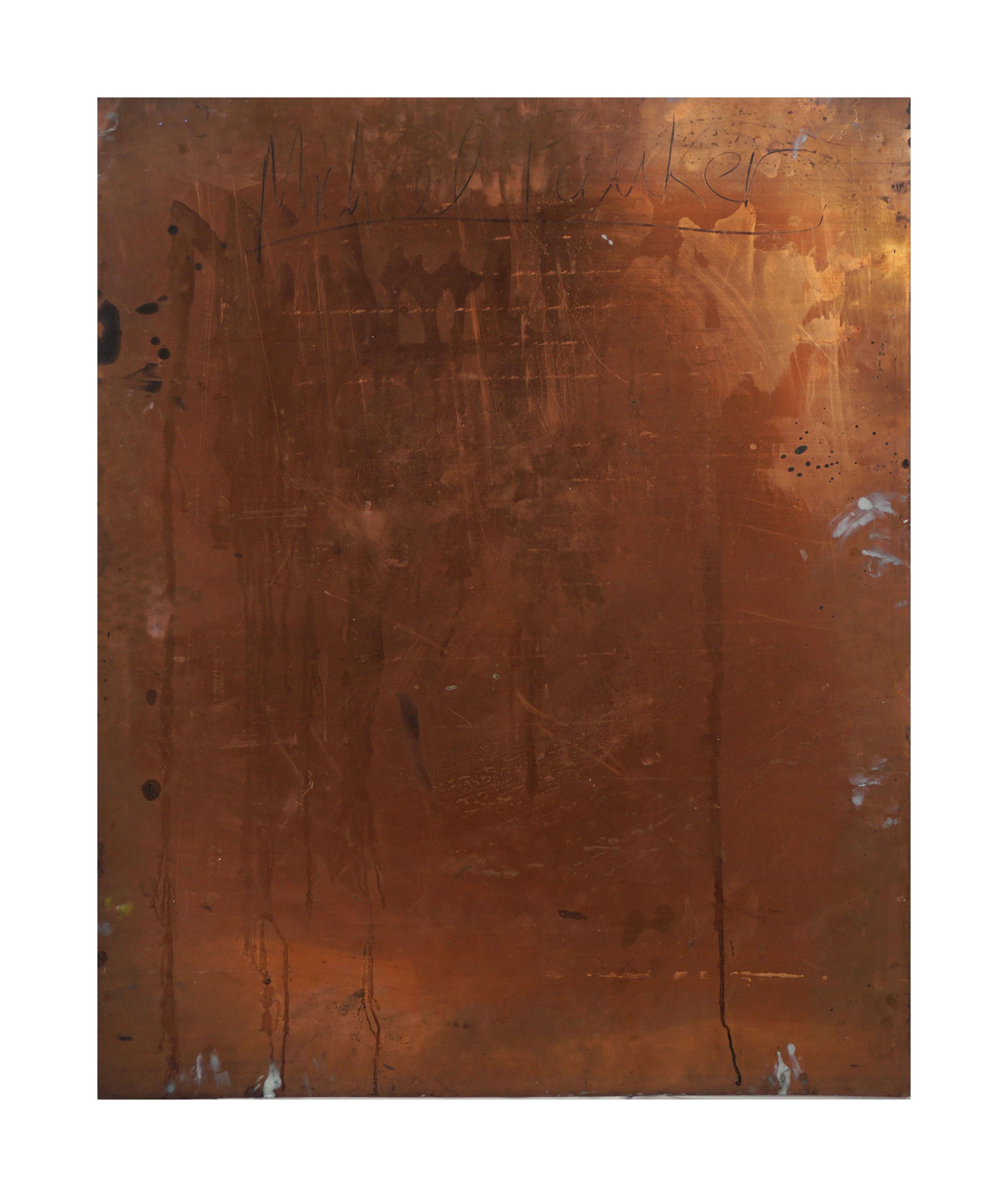 Wonderful abstract on reclaimed copper by Bay Area artist Michael Pauker (American, b.1957), circa 2010. Signé au verso. Condition: Good; copper is reclaimed so has some minor distortions on edges. Non encadré. Image size: 36