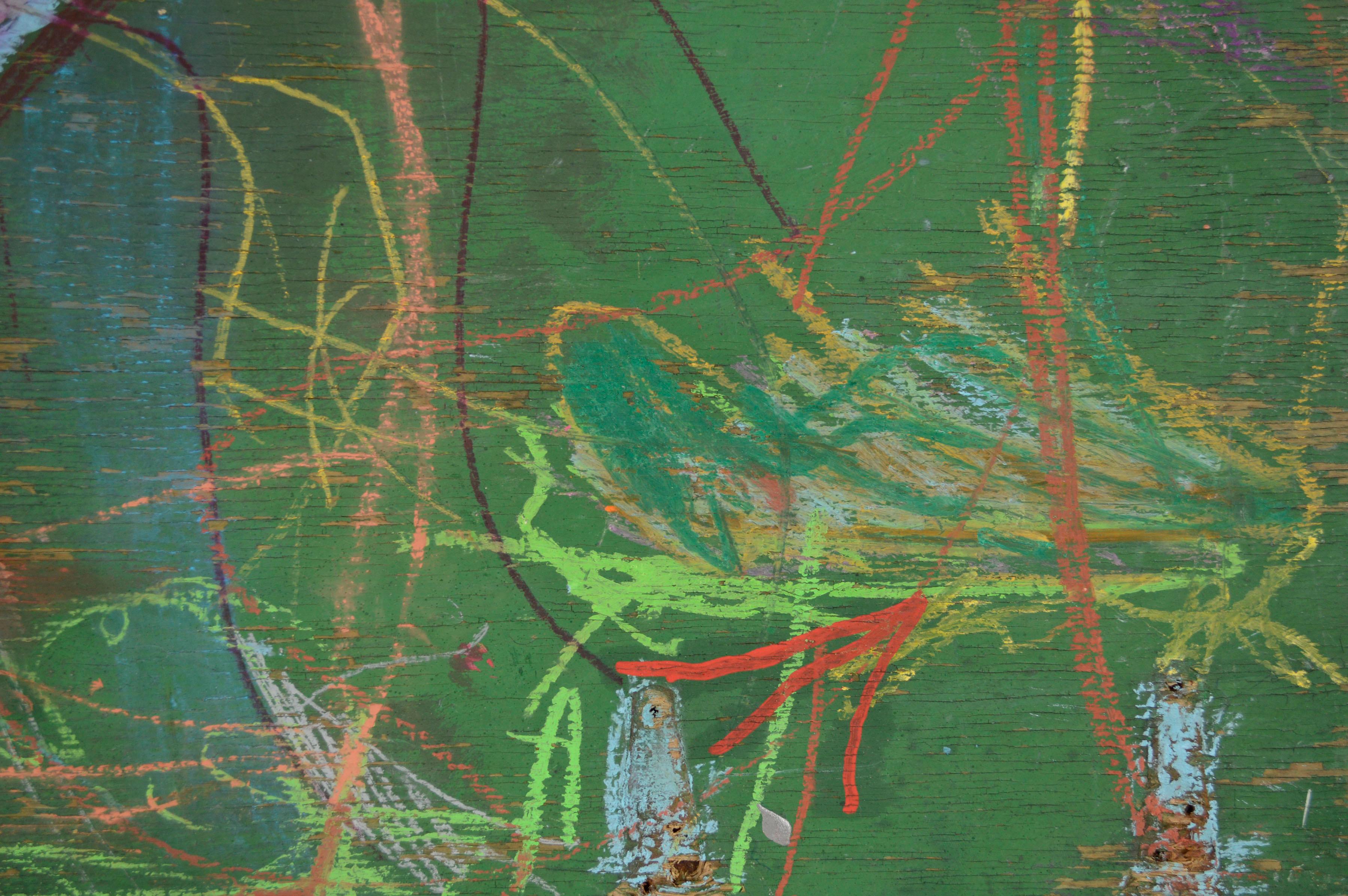 Expressive late 1970's green and red abstract on rough plywood, with scribbled linear forms in the style of Basquiat, by Bay Area artist Michael Pauker (American, b.1957), 1978. Signed and dated on verso in pencil, 