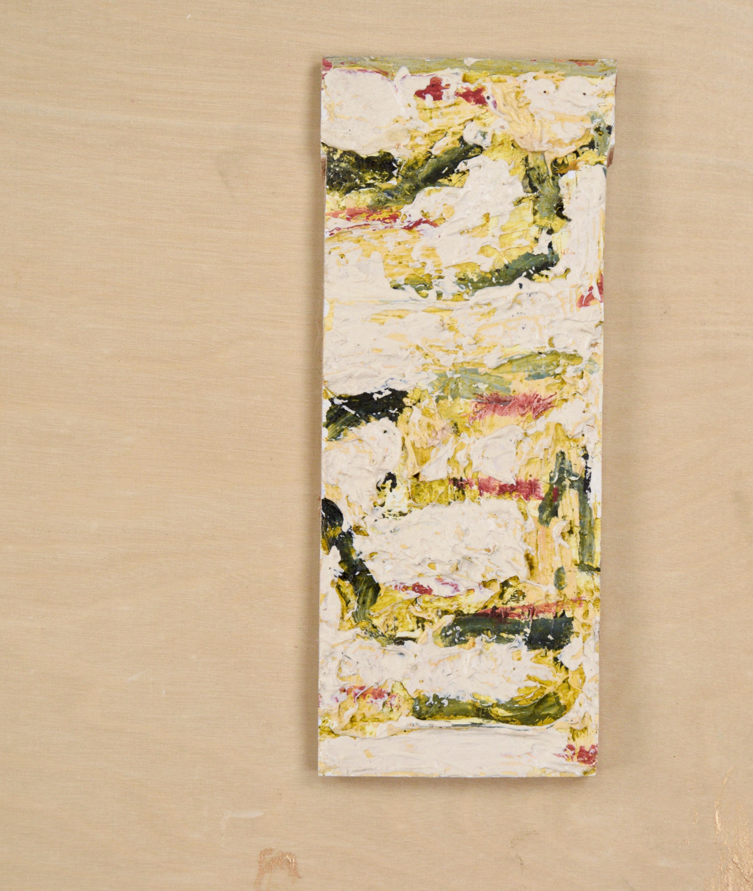 Abstraktes expressionistisches Ölgemälde mit montierten Objekten des Bay Area Künstlers Michael Pauker (Amerikaner, geb. 1957). Auf eine Holztafel werden goldene Farbspritzer und ein paar Stücke gebrannter Umbra aufgetragen. An der Tafel sind