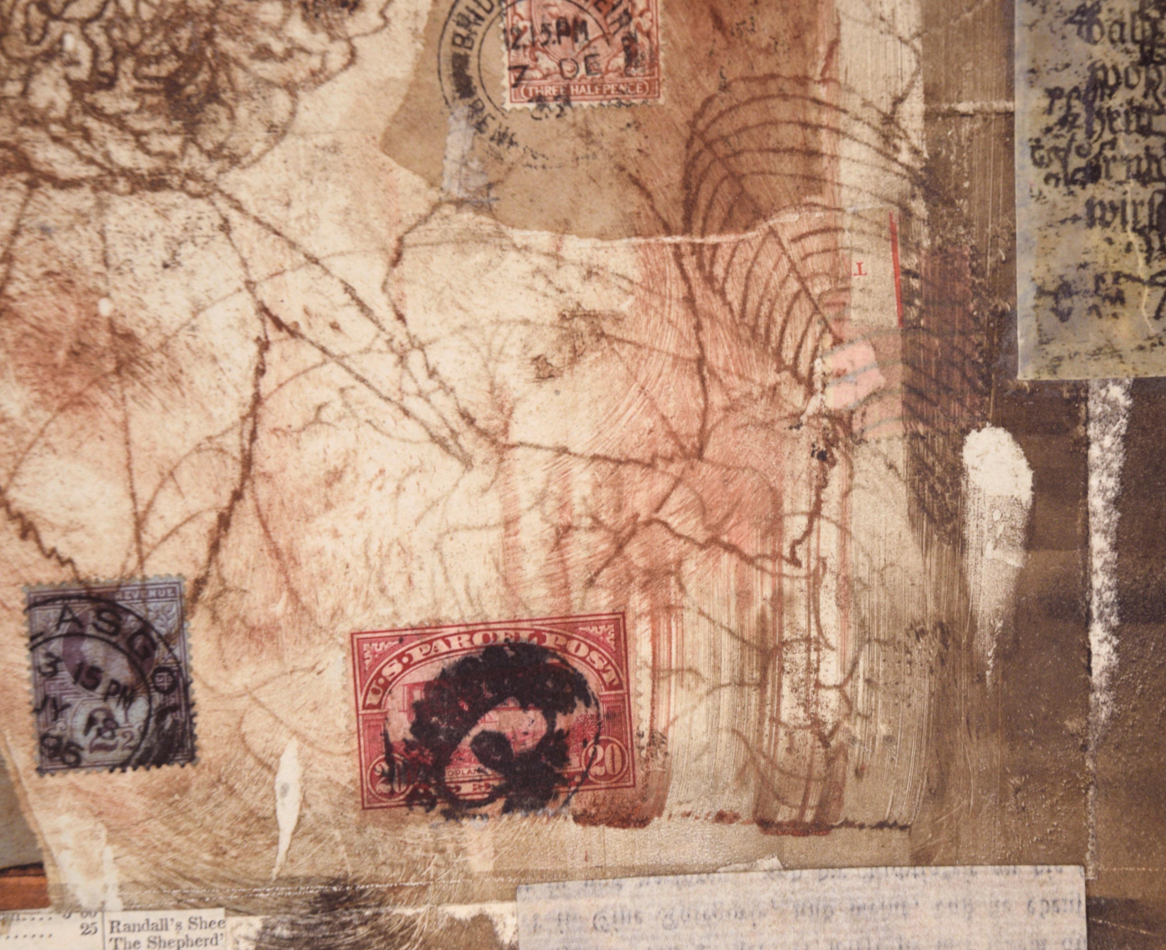 Abstract monoprint by Michael Pauker (American, b. 1957). This piece is made from several layers of collage, including stamps and pages from old books and manuscripts. Atop the collage is a chine colle monoprint, adding a layer of depth.

Signed in