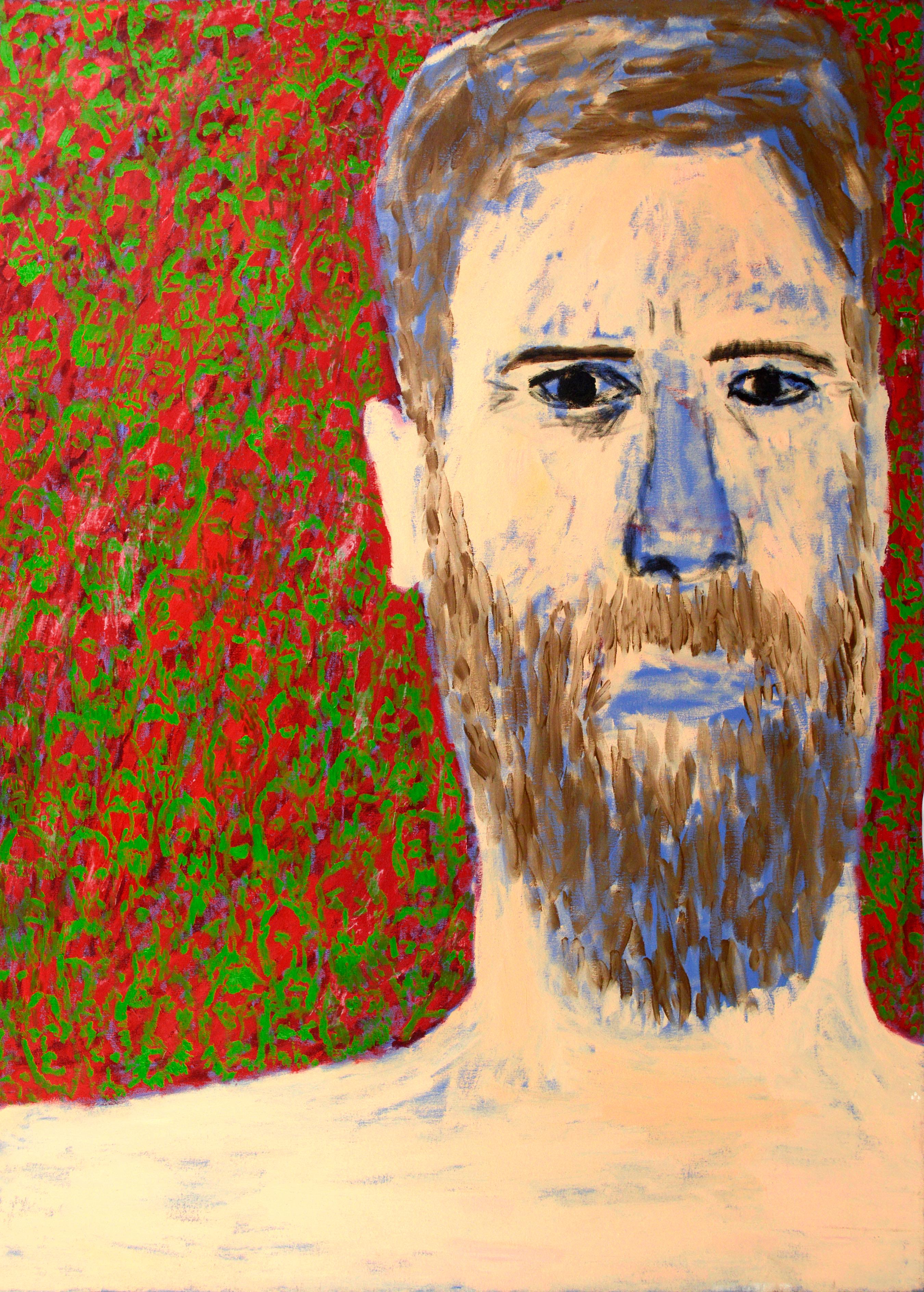 Abstrait figuratif contemporain abstrait avec visages rouges et verts - Painting de Michael Pauker 