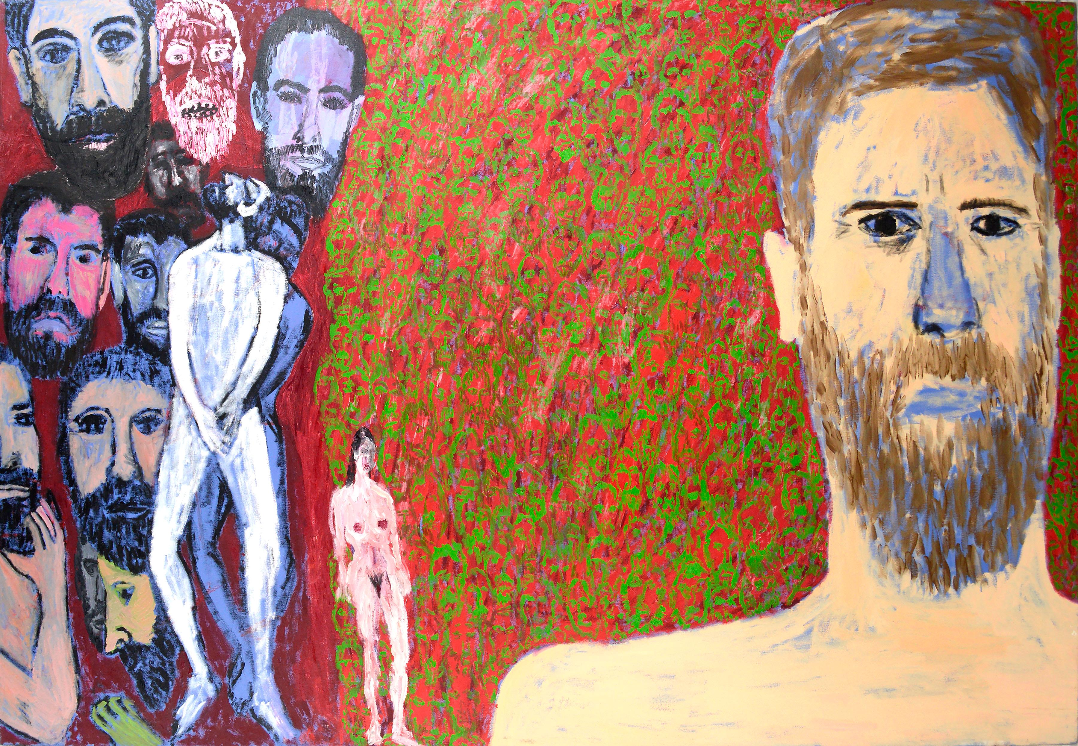 Abstract Painting Michael Pauker  - Abstrait figuratif contemporain abstrait avec visages rouges et verts