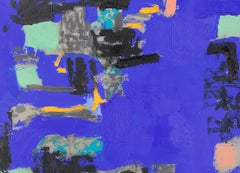 Großflächiges abstraktes Patchwork in Blau, Teal und Goldgelb