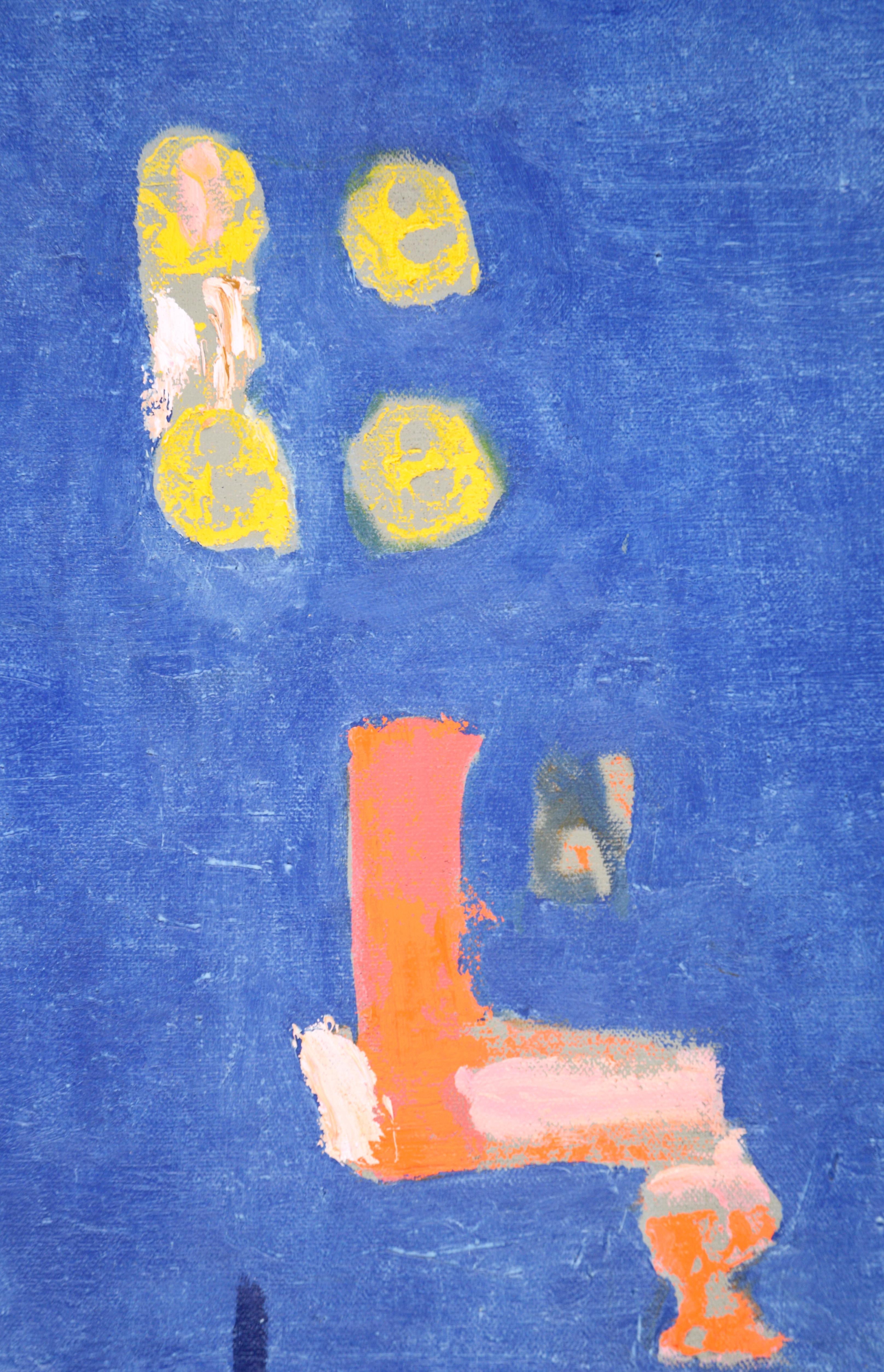 Abstrait contemporain à grande échelle avec des formes et des textures en bleu et orange par l'artiste de la Bay Area Michael Pauker (américain, né en 1957). La longue toile horizontale est divisée en deux sections aux motifs et couleurs contrastés.