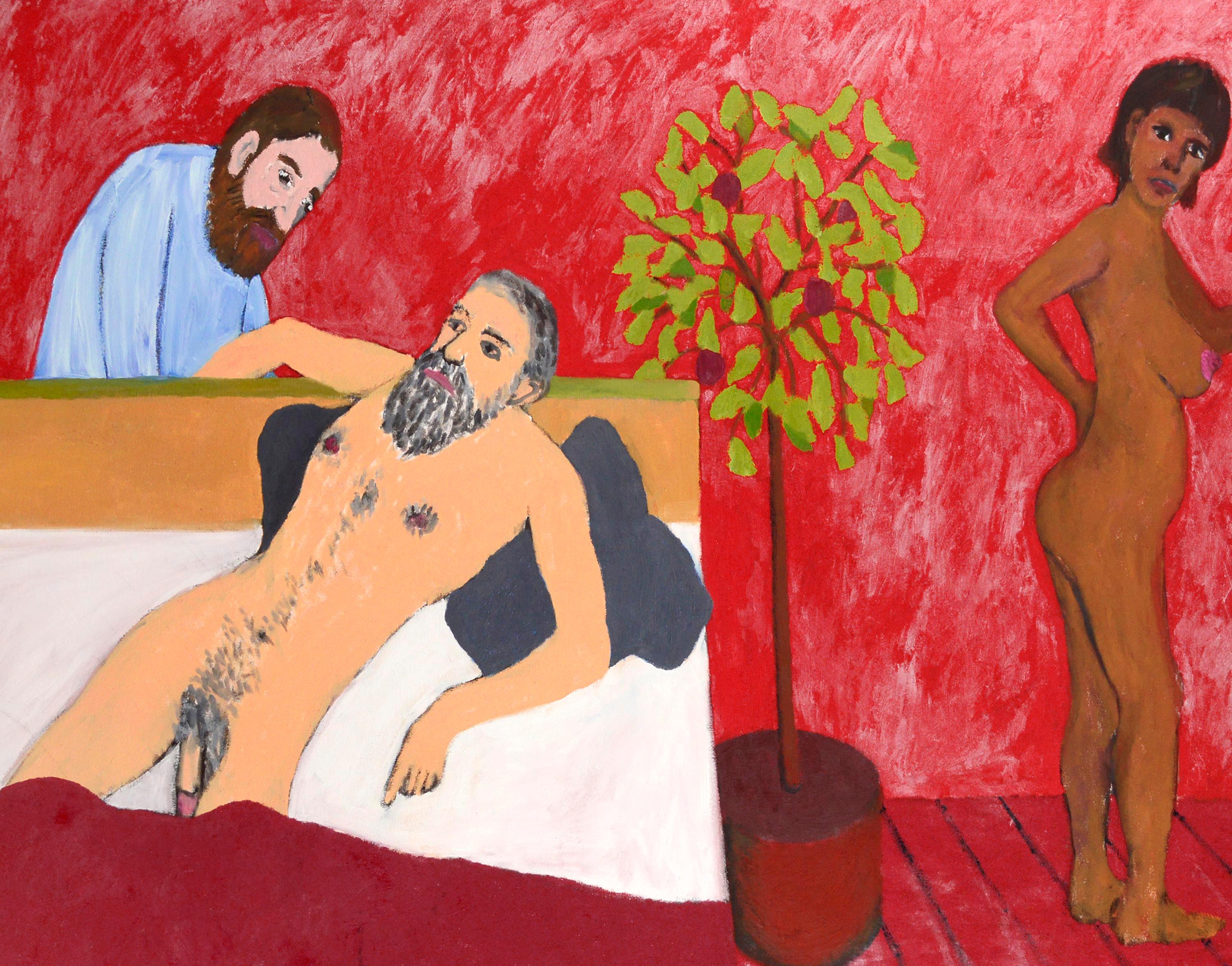 Nu couché et arbre couché, scène d'intérieur figurative contemporaine dans une pièce rouge - Painting de Michael Pauker 