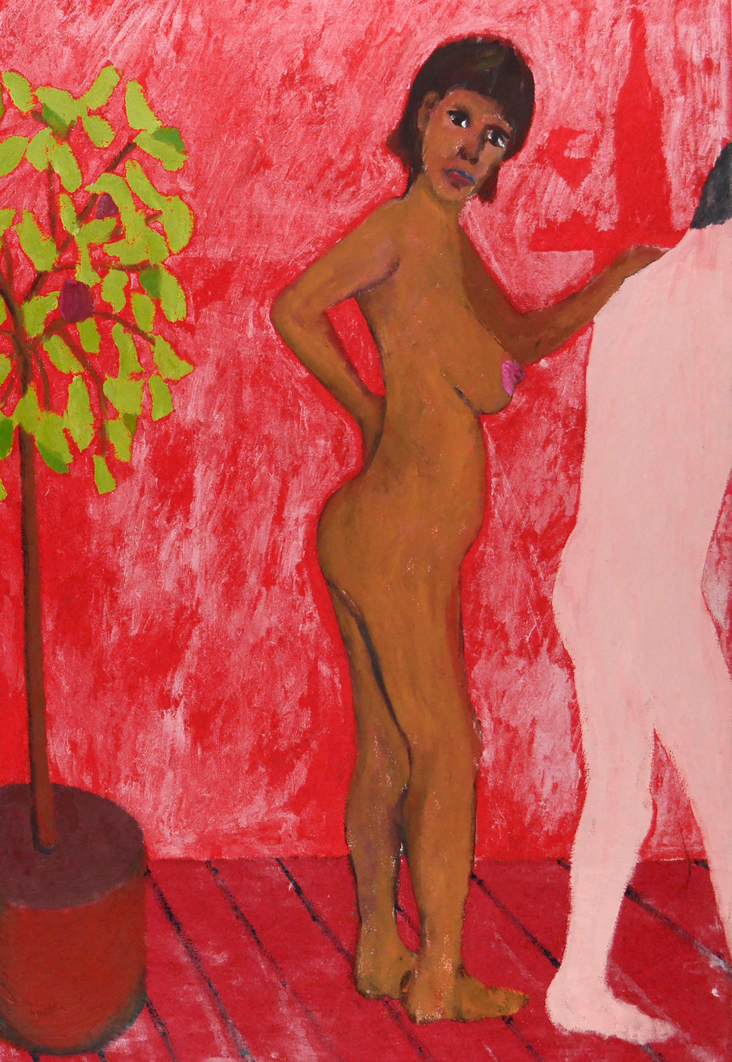 Nu couché et arbre couché, scène d'intérieur figurative contemporaine dans une pièce rouge - Rouge Nude Painting par Michael Pauker 