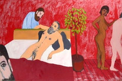Reclining Nude with Tree, Contemporary Figurative Interior Scene in Red Room