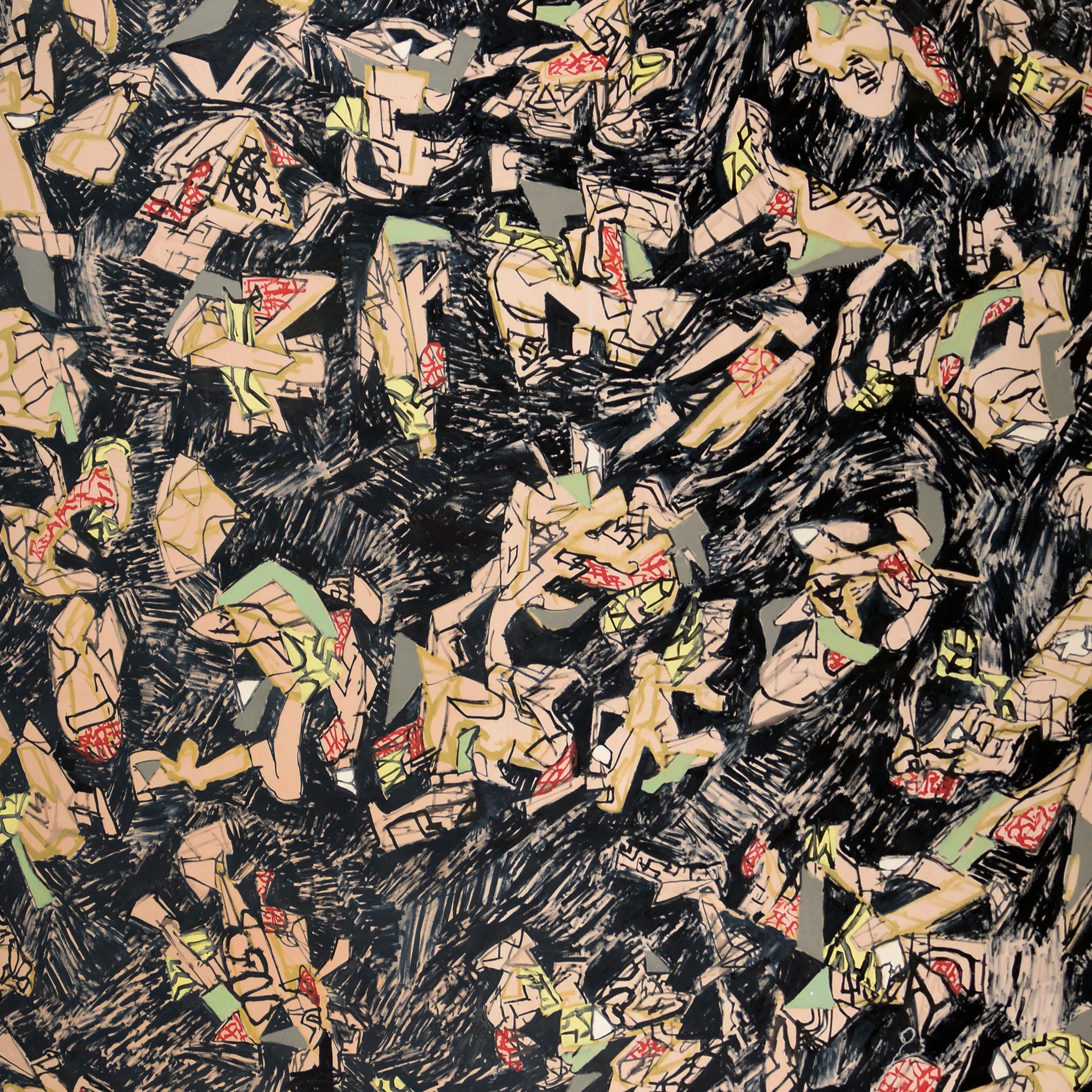 « Telephone Doodles », abstrait géométrique contemporain à grande échelle sur noir - Painting de Michael Pauker 