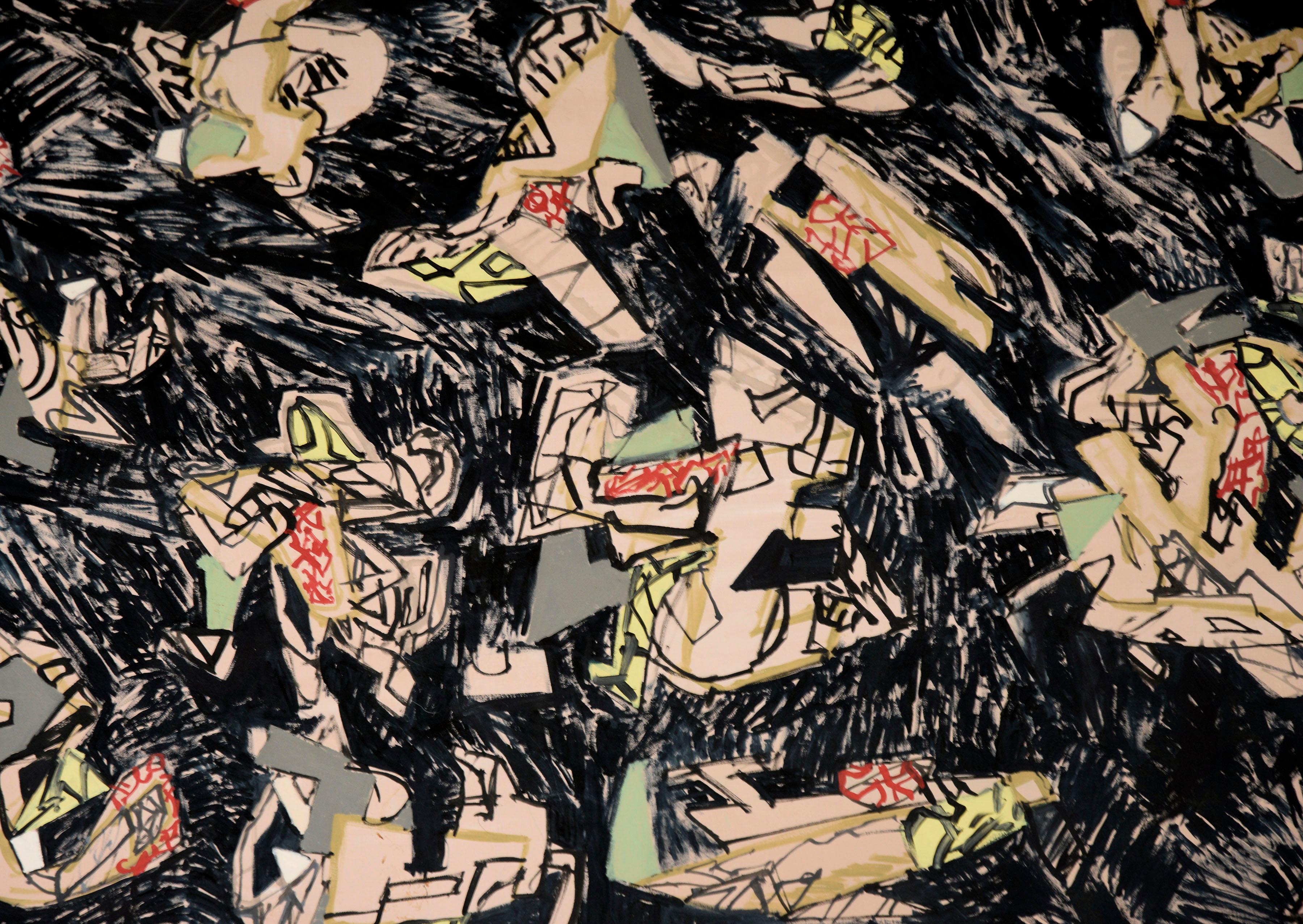 « Telephone Doodles », abstrait géométrique contemporain à grande échelle sur noir - Contemporain Painting par Michael Pauker 