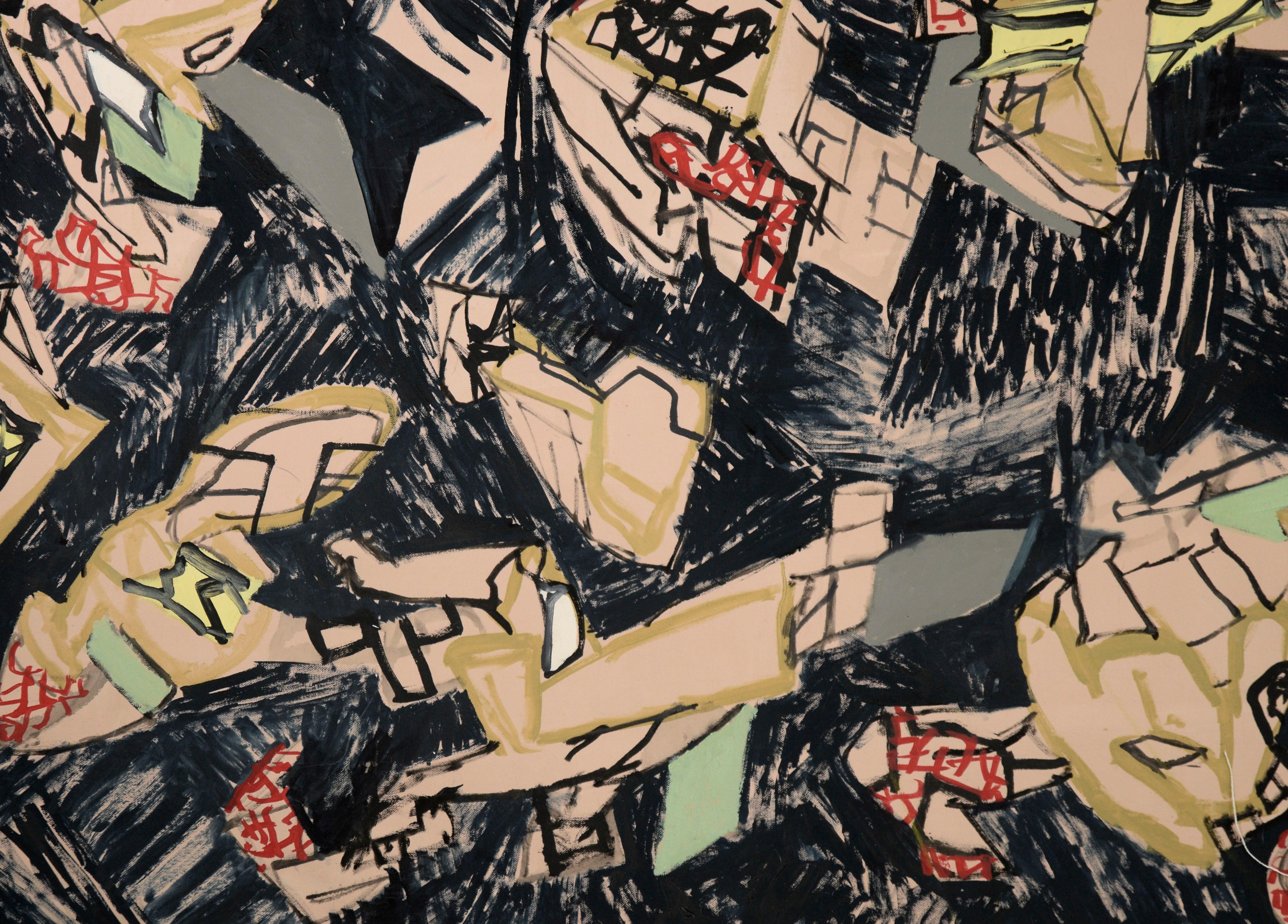 « Telephone Doodles », abstrait géométrique contemporain à grande échelle sur noir - Noir Abstract Painting par Michael Pauker 
