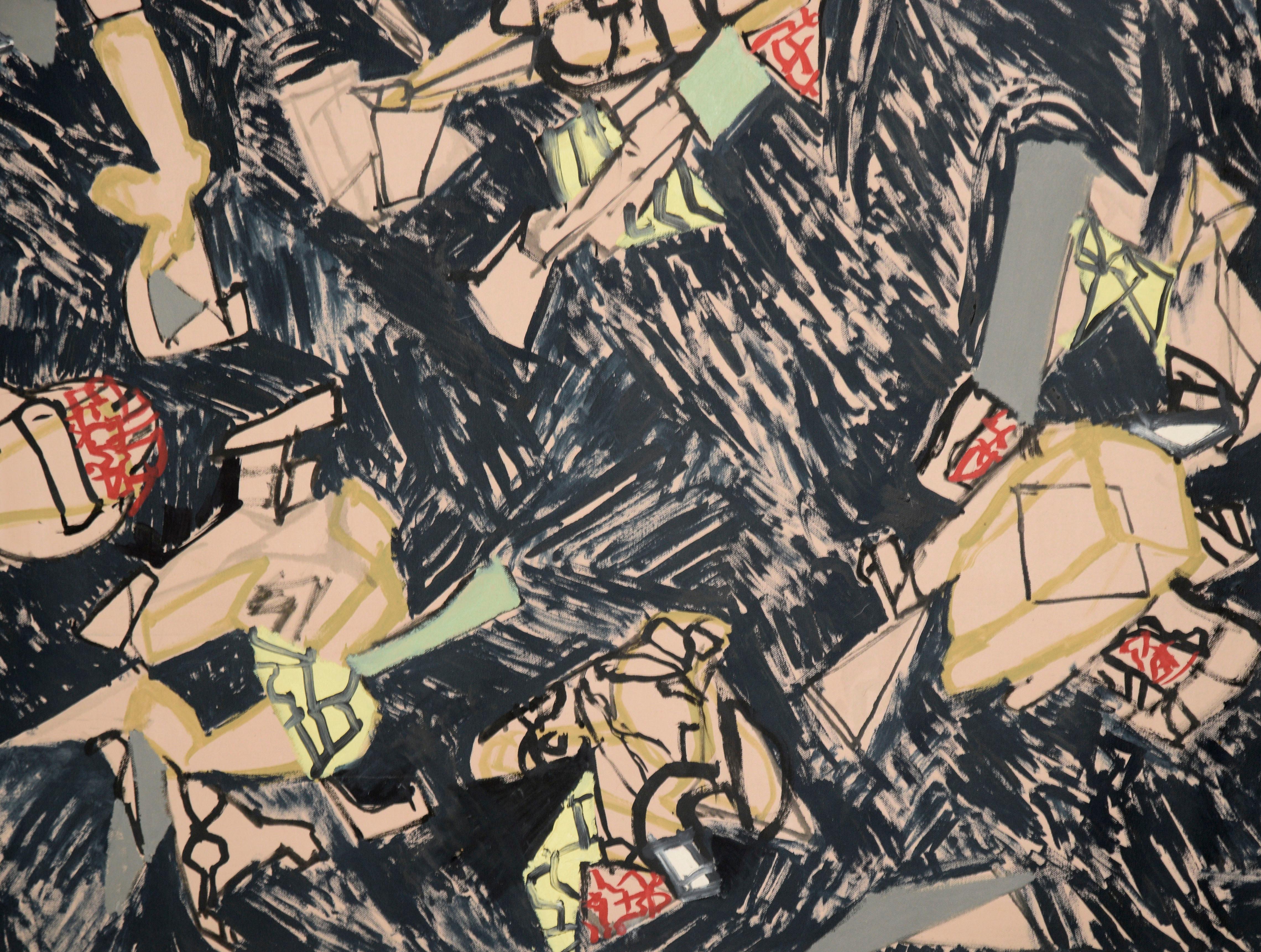  Peinture géométrique abstraite contemporaine à grande échelle sur toile de l'artiste de la Bay Area Michael Pauker (américain, né en 1957), 2011. Des formes géométriques détaillées, qui ressemblent à des constructions ou à des modèles fantastiques