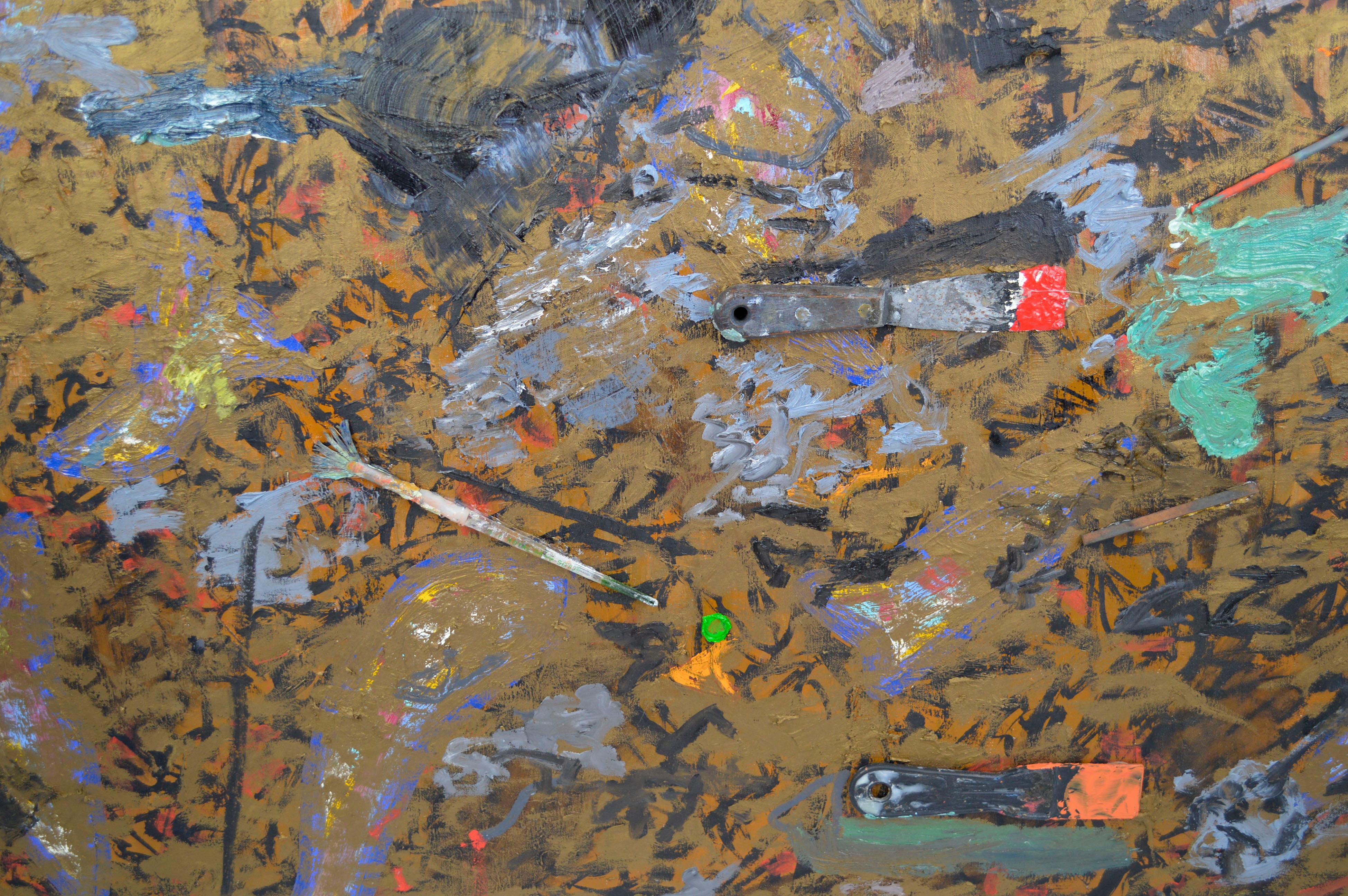 Contemporary large-scale abstract assemblage oil painting with various paint brushes, paint tube, and other found objects affixed to the surface of the canvas with a brown and black background by Bay Area artist Michael Pauker (American, b.1957).