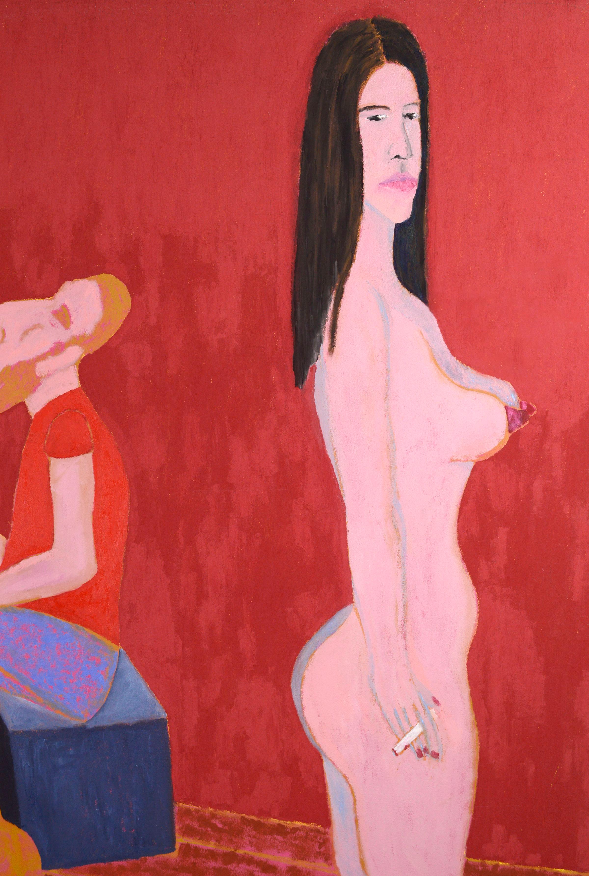 „The Red Studio“ – Surreale figurative Innenraumszene (Surrealismus), Painting, von Michael Pauker 
