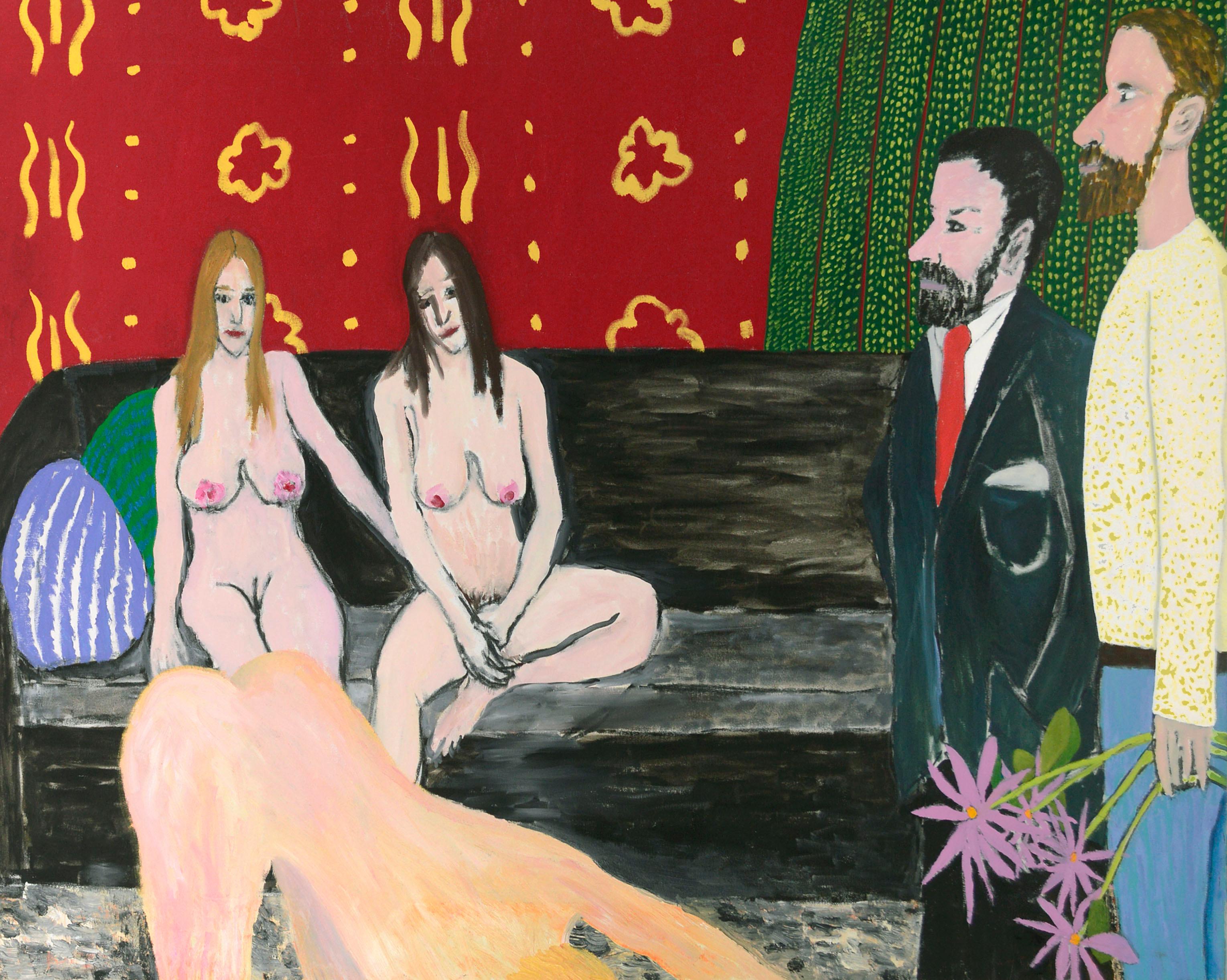 Tres Desnudos, Escena Interior Figurativa Contemporánea con Papel Pintado Rojo - Painting de Michael Pauker 