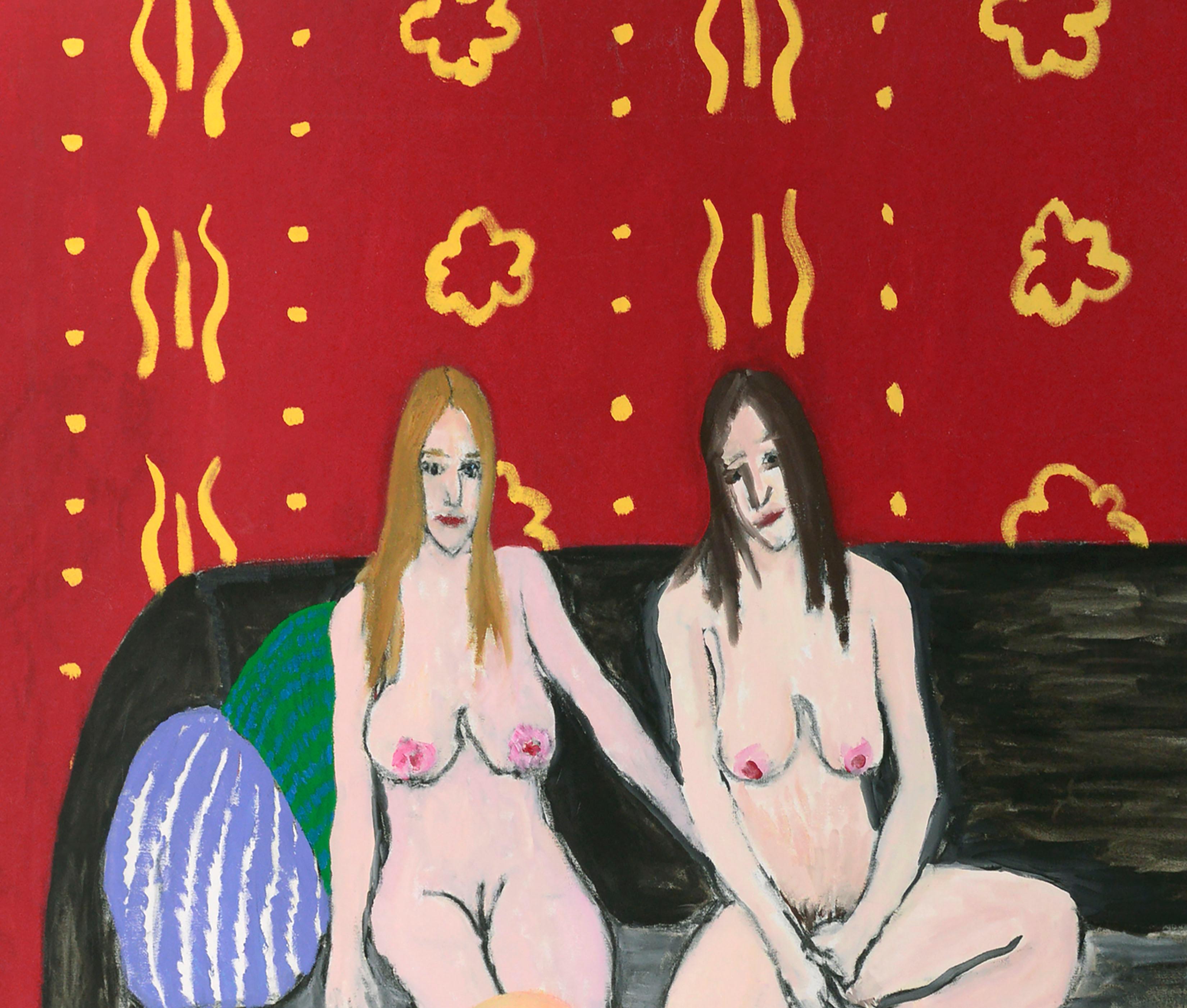 Tres Desnudos, Escena Interior Figurativa Contemporánea con Papel Pintado Rojo - Painting Contemporáneo de Michael Pauker 