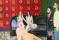 Three Nudes, Contemporary Figurative Interior Scene with Red Wallpaper 