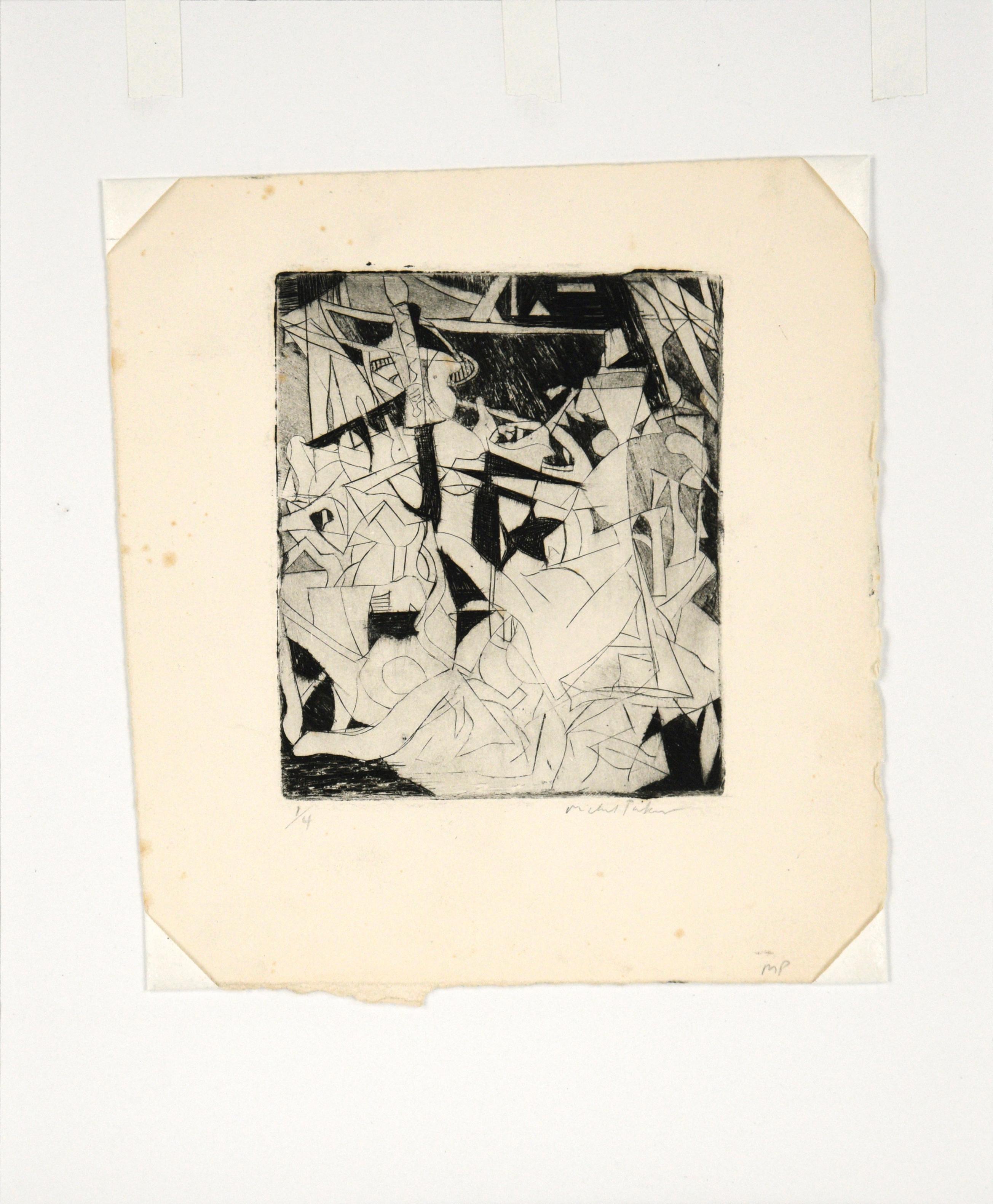 Cubist Abstract Etching - Brown Abstract Print by Michael Pauker 
