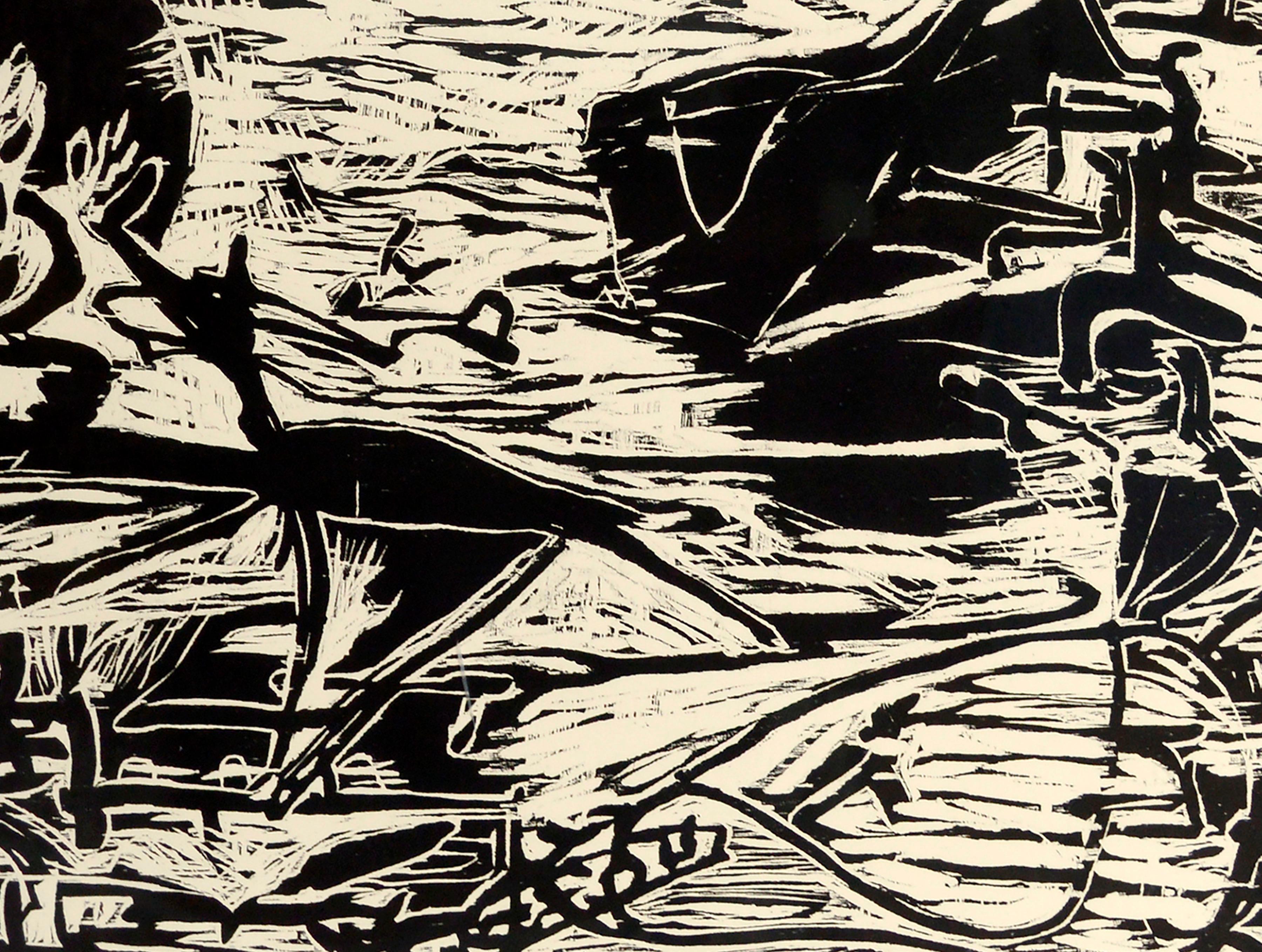 Großformatiger Holzschnitt in limitierter Auflage einer abstrahierten Szene mit Landschaftselementen und groben figuralen Formen wie einem Hund, einem Haus und einem Baum, die aus einer chaotischen linearen Abstraktion hervorgehen, von Michael