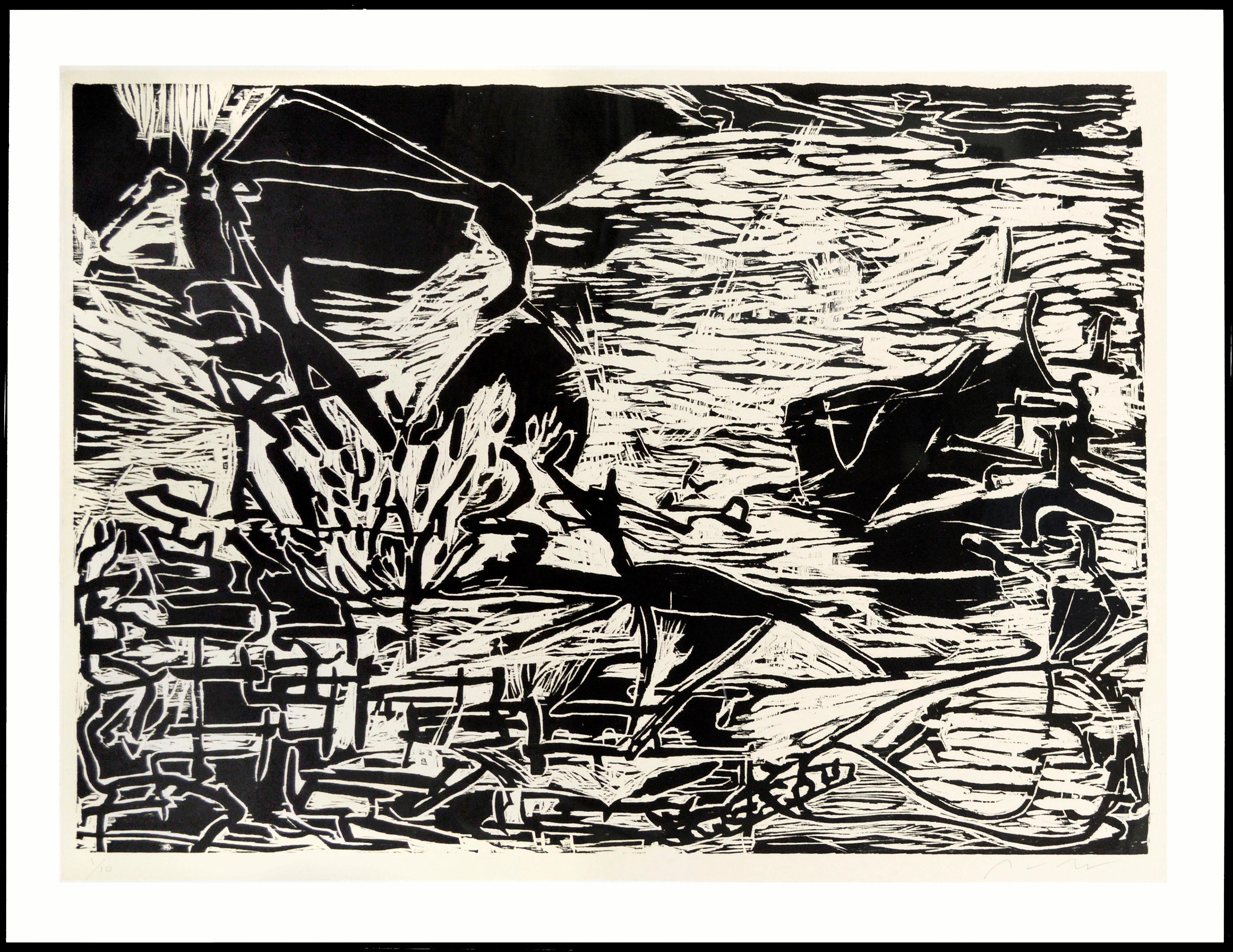 Large Scale Abstract Figurative Landscape Woodcut, Signed Limited Edition 1/10 