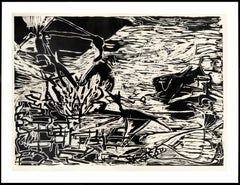Vintage Large Scale Abstract Figurative Landscape Woodcut, Signed Limited Edition 1/10 