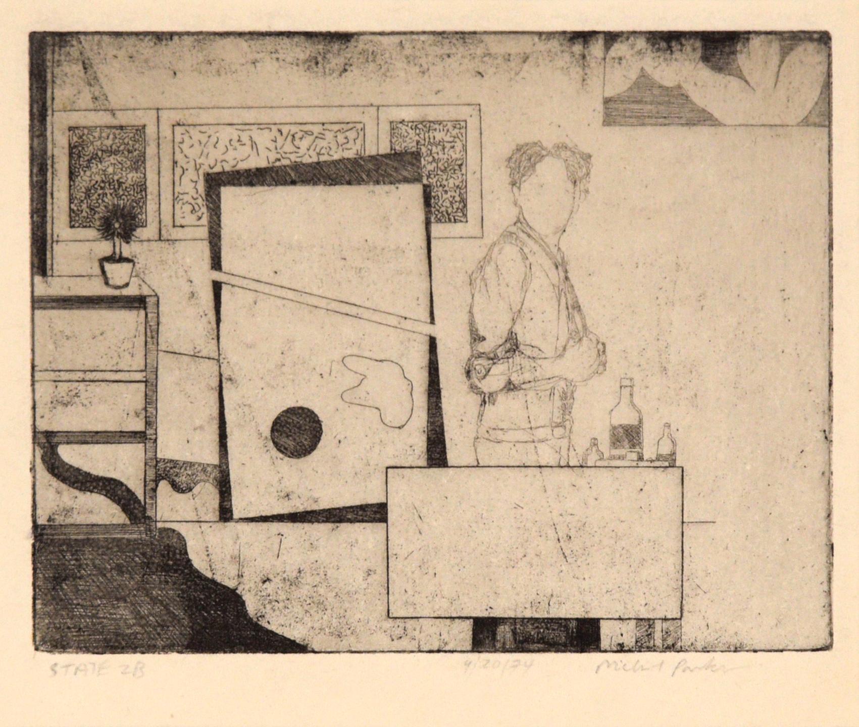 „State 2B“, Künstler im Atelier, figurale Radierung, 1974 – Print von Michael Pauker 