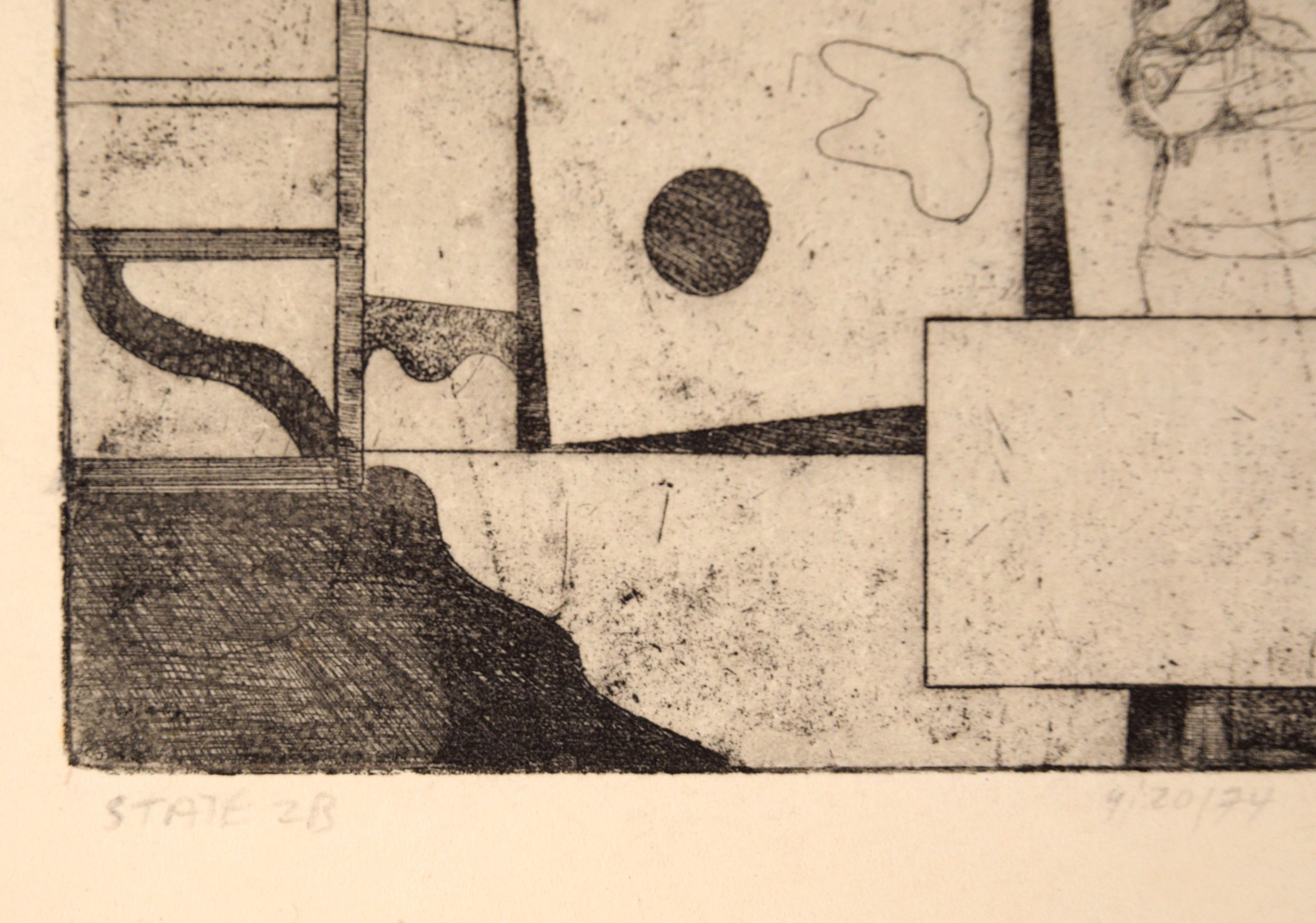 Eine wunderbare kleinformatige Radierung eines Künstlers im Atelier von Michael Pauker (Amerikaner, geb. 1957). Der Künstler verwendet feine Linien, um diese fein detaillierte figurale Szene im Inneren hervorzuheben. 

Am unteren Rand betitelt,