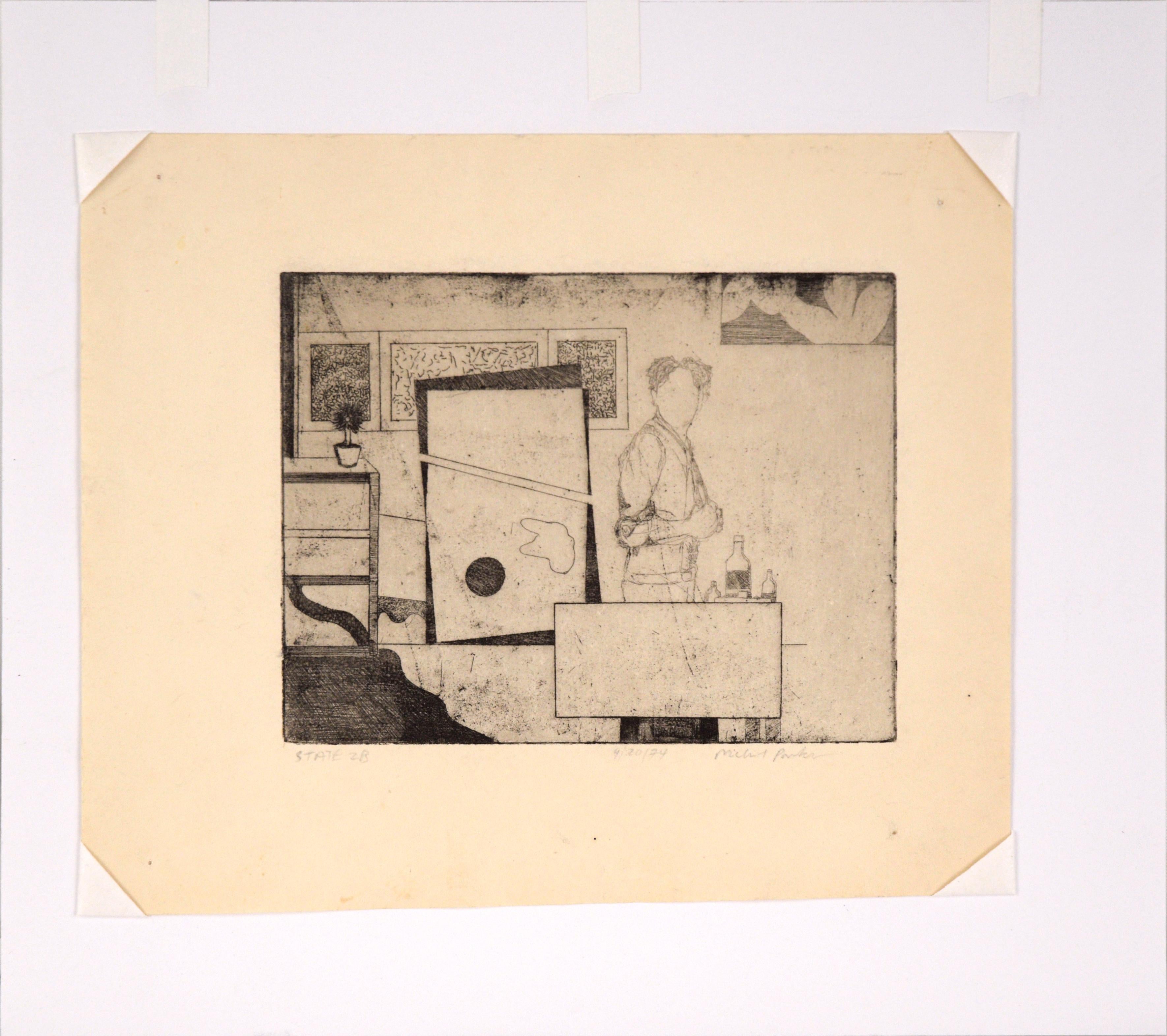 „State 2B“, Künstler im Atelier, figurale Radierung, 1974 im Angebot 2