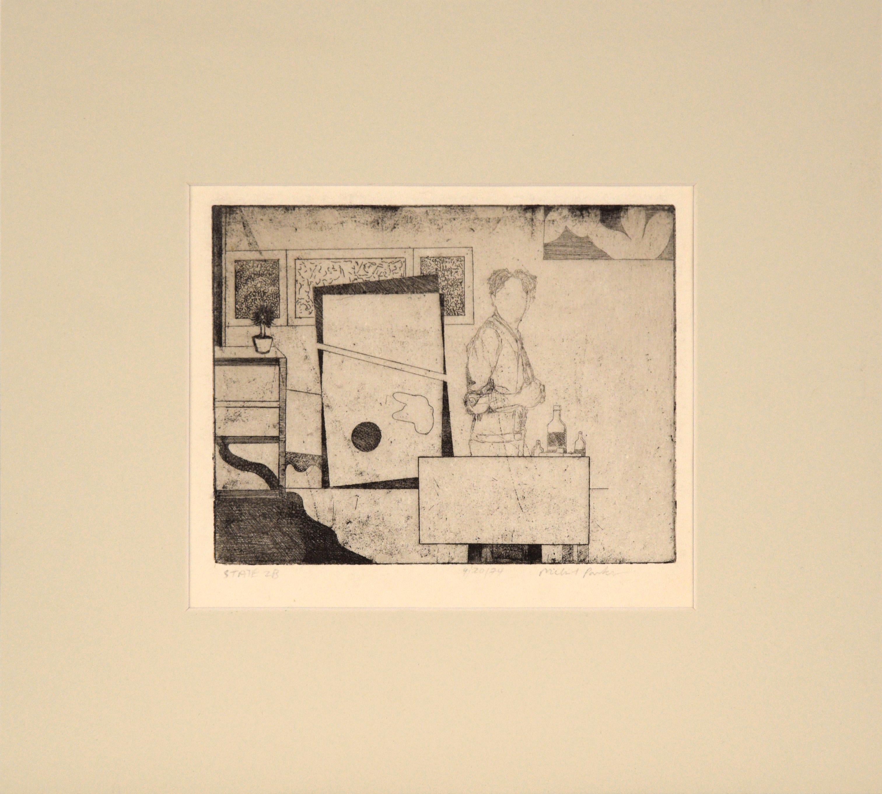 Michael Pauker  Interior Print – „State 2B“, Künstler im Atelier, figurale Radierung, 1974