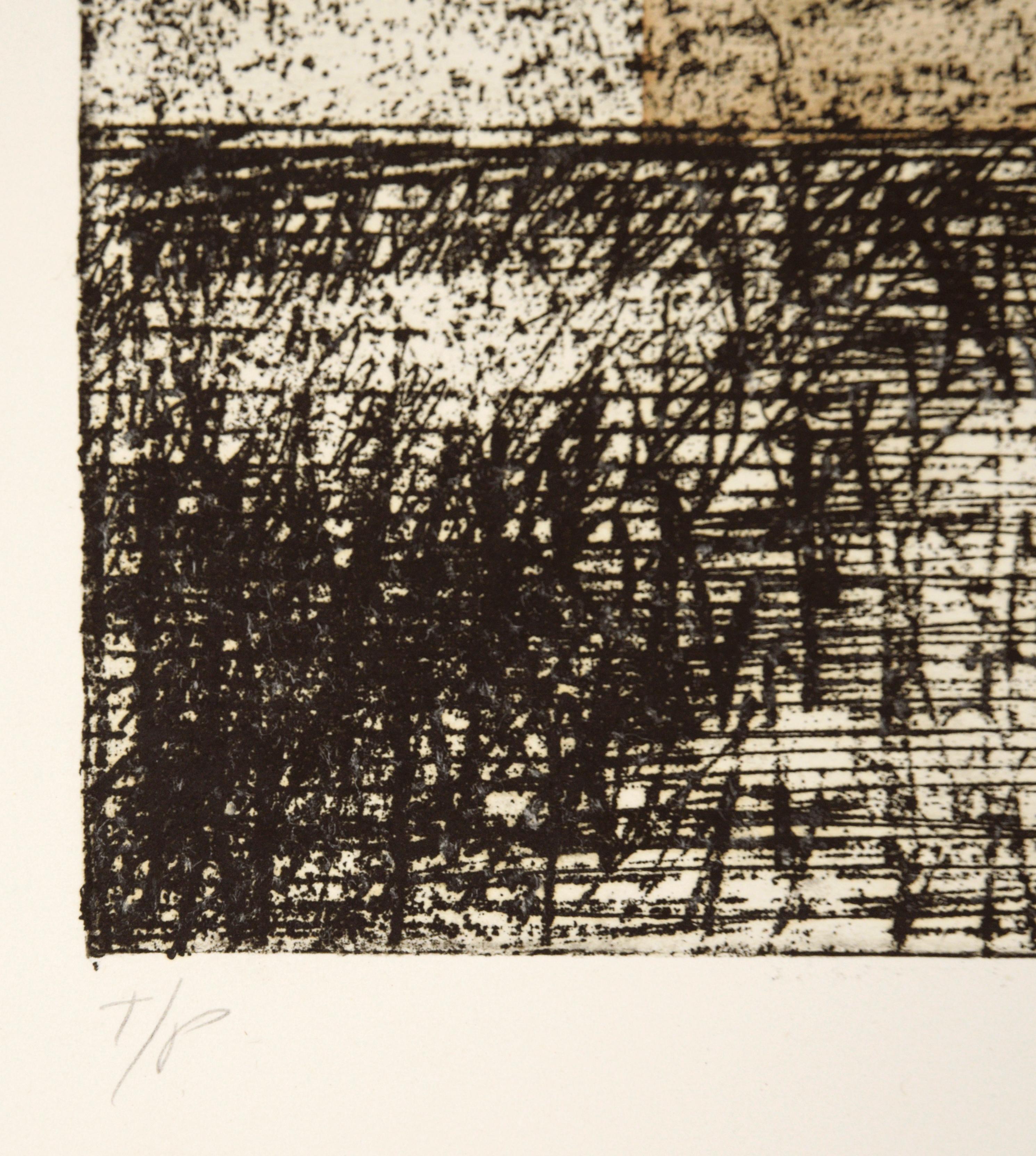 Abstrakte Radierung mit unentzifferbaren Textschichten von Michael Pauker (Amerikaner, geb. 1957). Der braune Block in der Mitte des Stücks ist ein aufgebrachtes Stück Papier. Dieses Stück ist ein Probedruck des Künstlers und ist mit 