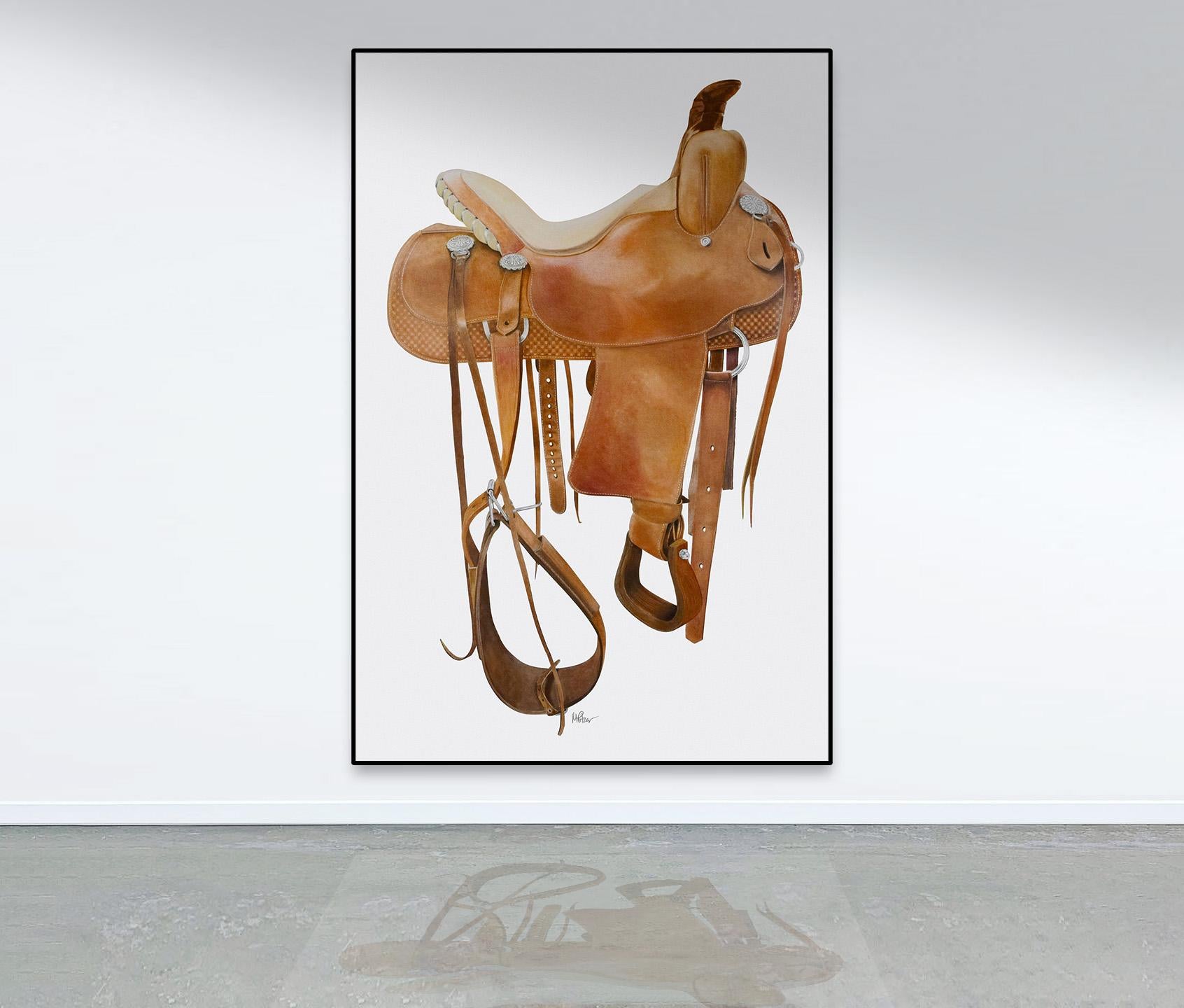 Vintage Cactus Will James Ranch Saddle - Painting by Michael Pitzer