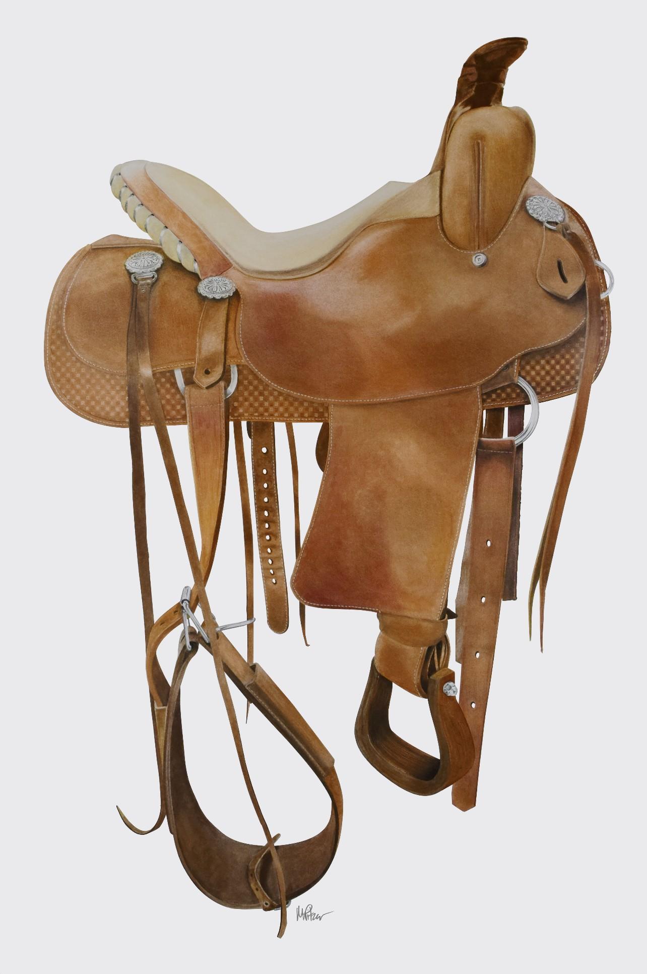 Michael Pitzer Figurative Painting - Vintage Cactus Will James Ranch Saddle