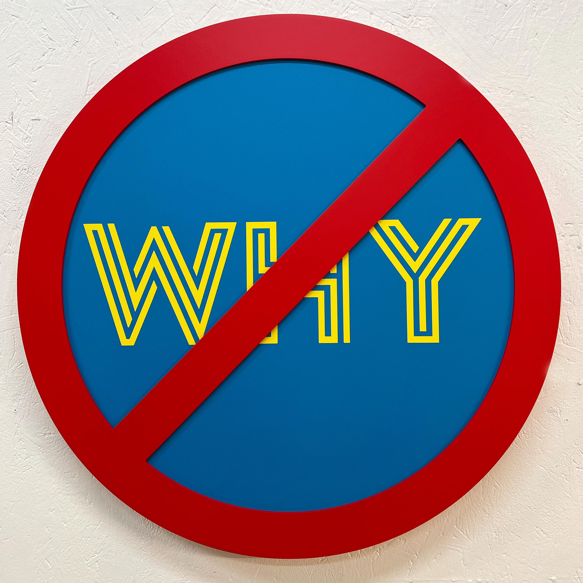 Michael Porten Portrait Painting - "No Why (Yellow on Blue)" - conceptual art, wall sculpture - Lawrence Weiner