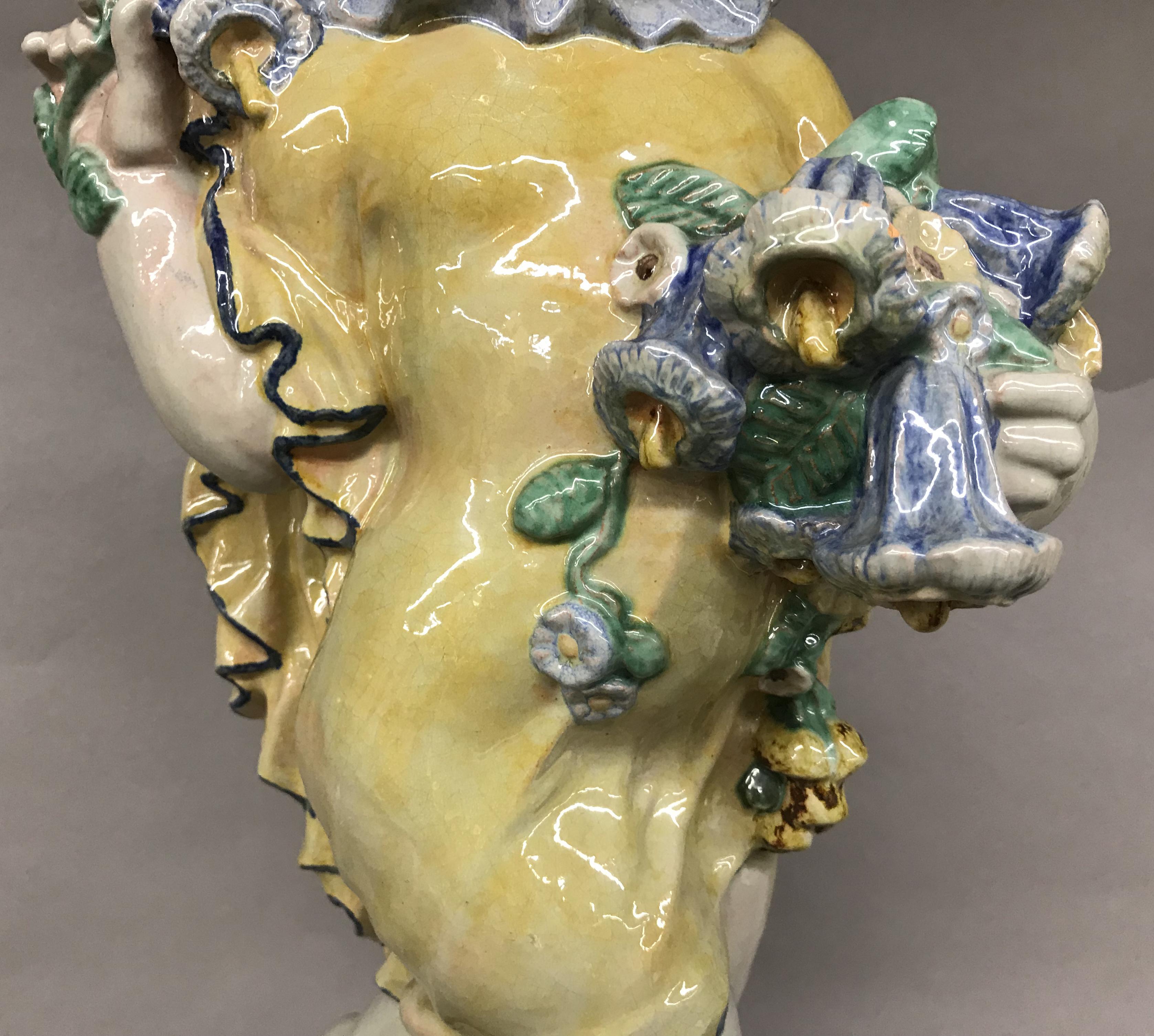 Polychromed Michael Powolny Austrian Ceramic Sculpture of Putto with Flowers, “Summer” For Sale