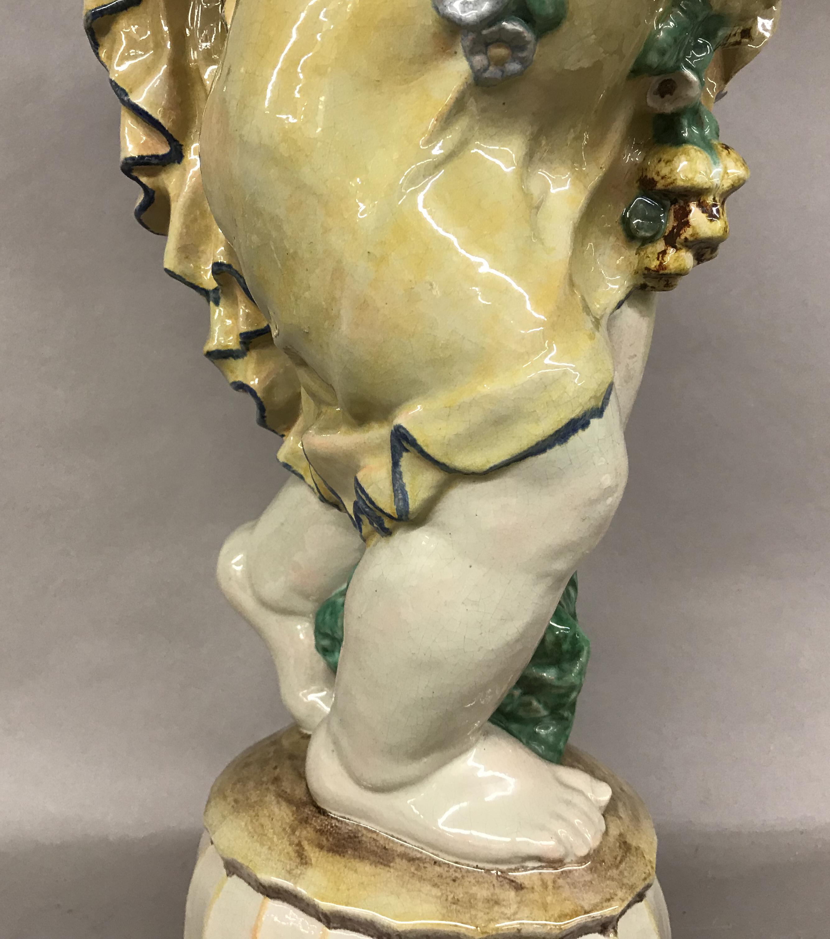 Michael Powolny Austrian Ceramic Sculpture of Putto with Flowers, “Summer” In Good Condition For Sale In Milford, NH