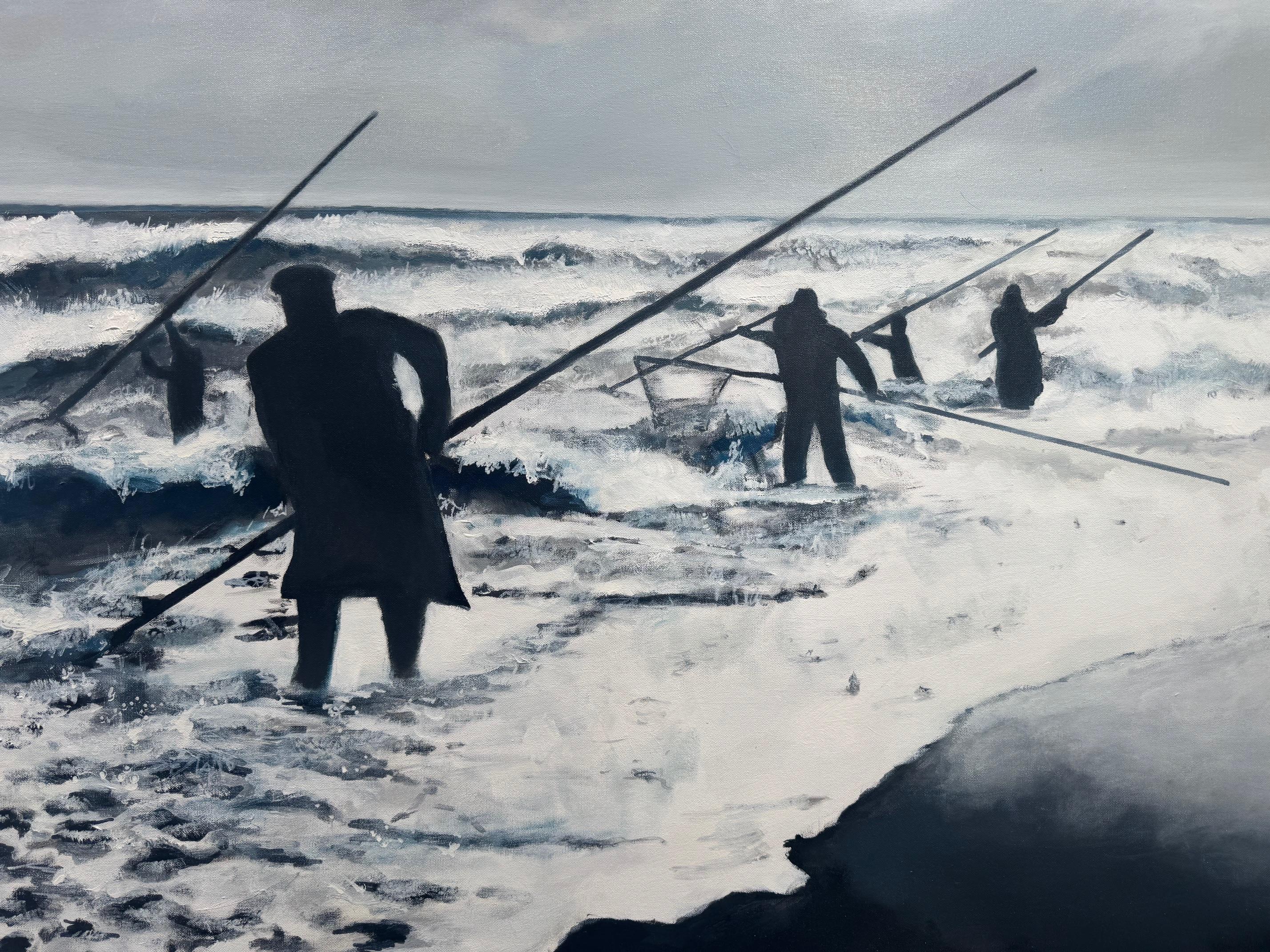 Bernsteinfischer -Seelandschaftsszene -Gruppe beim Fischen nach Bernsteinen im bewölkten Sonnenlicht – Painting von Michael Pröpper
