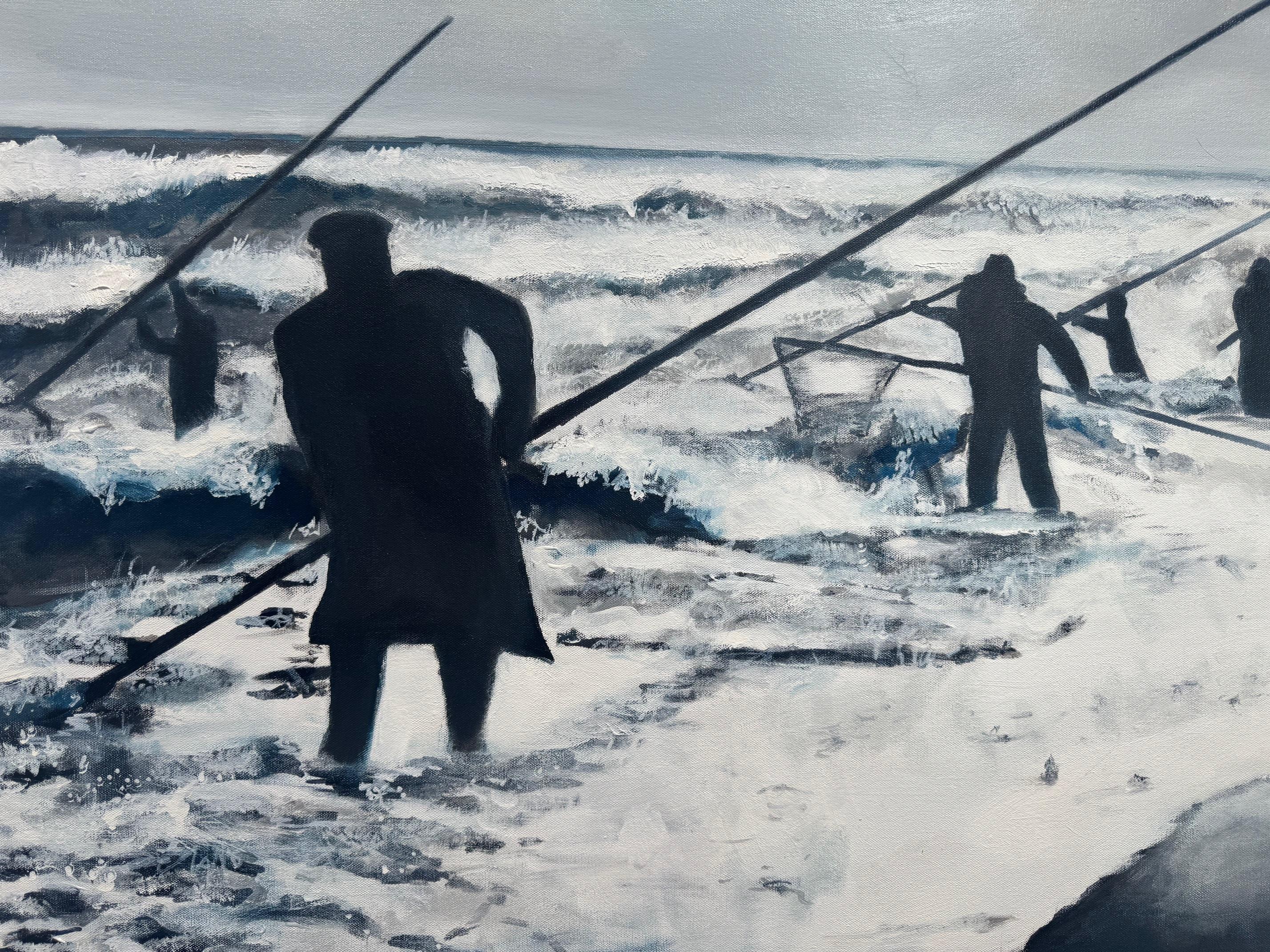 Bernsteinfischer -Seelandschaftsszene -Gruppe beim Fischen nach Bernsteinen im bewölkten Sonnenlicht (Zeitgenössisch), Painting, von Michael Pröpper